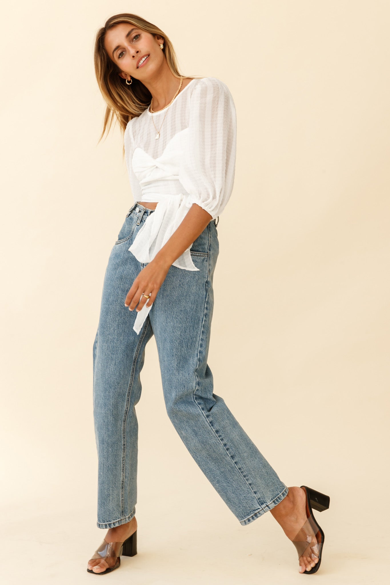 Emerson Puff Sleeve Waist Tie Top White by Selfie Leslie