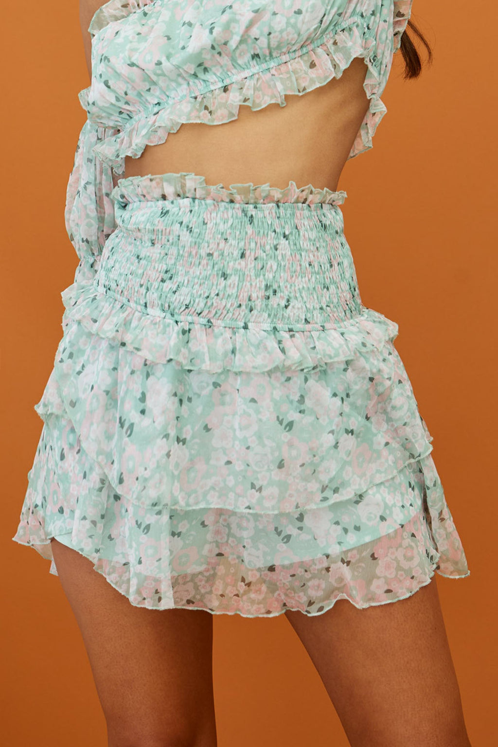 Hearts Beat Shirred Waist Layered Skirt Floral Print Mint by Selfie Leslie