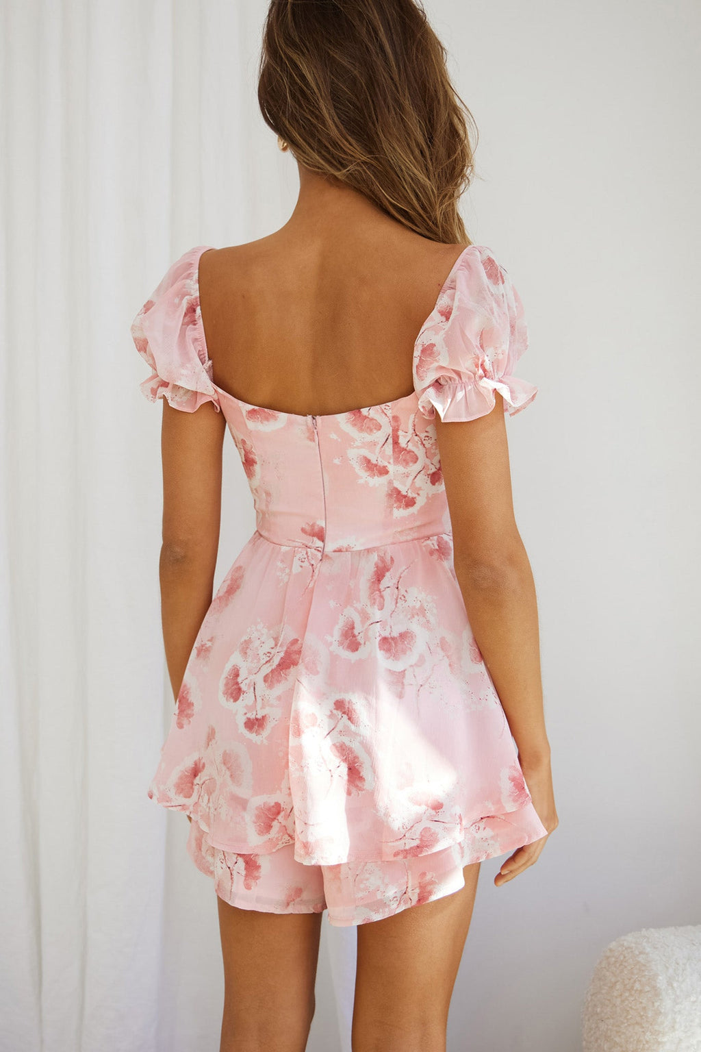 Sweet Romance Puff Sleeve Romper Watercolor Print Pink by Selfie Leslie