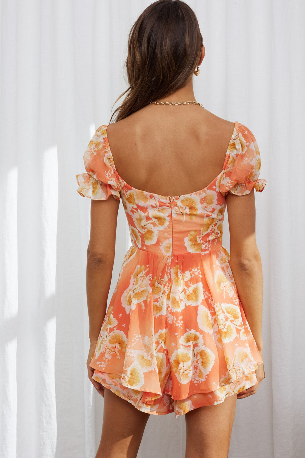 Sweet Romance Puff Sleeve Romper Watercolor Print Rust by Selfie Leslie