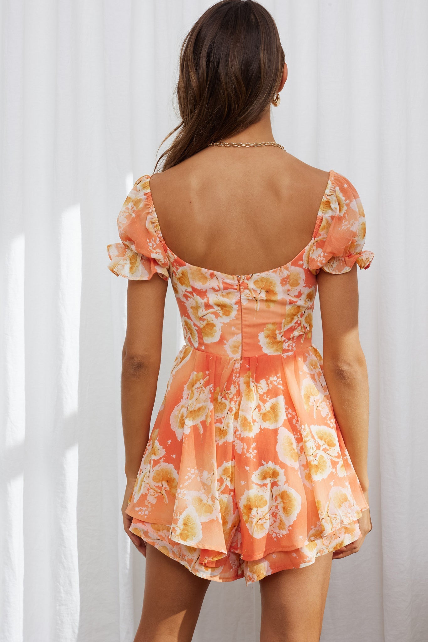 Sweet Romance Puff Sleeve Romper Watercolor Print Rust by Selfie Leslie