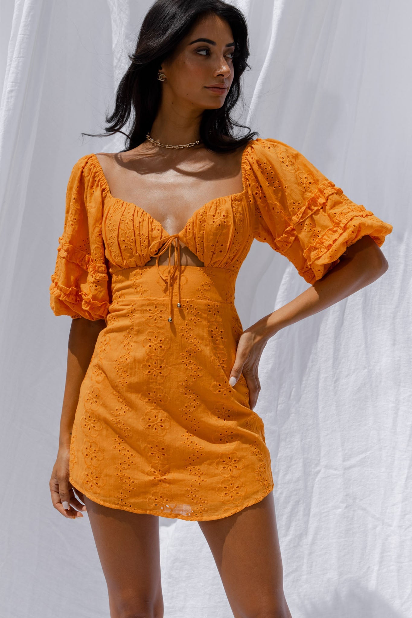 Sweet Romance Puff Sleeve Eyelet Mini Dress Sunset by Selfie Leslie