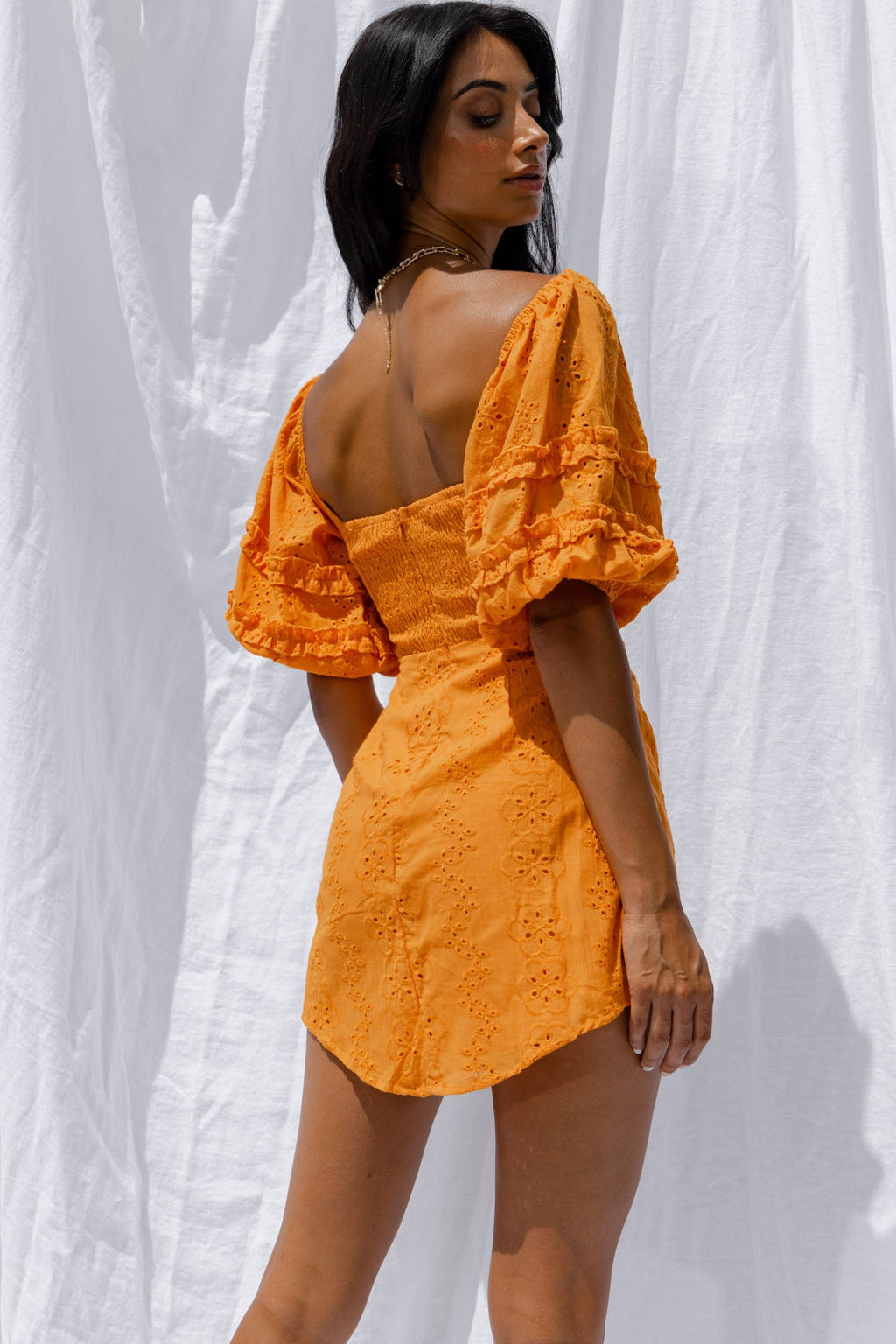 Sweet Romance Puff Sleeve Eyelet Mini Dress Sunset by Selfie Leslie