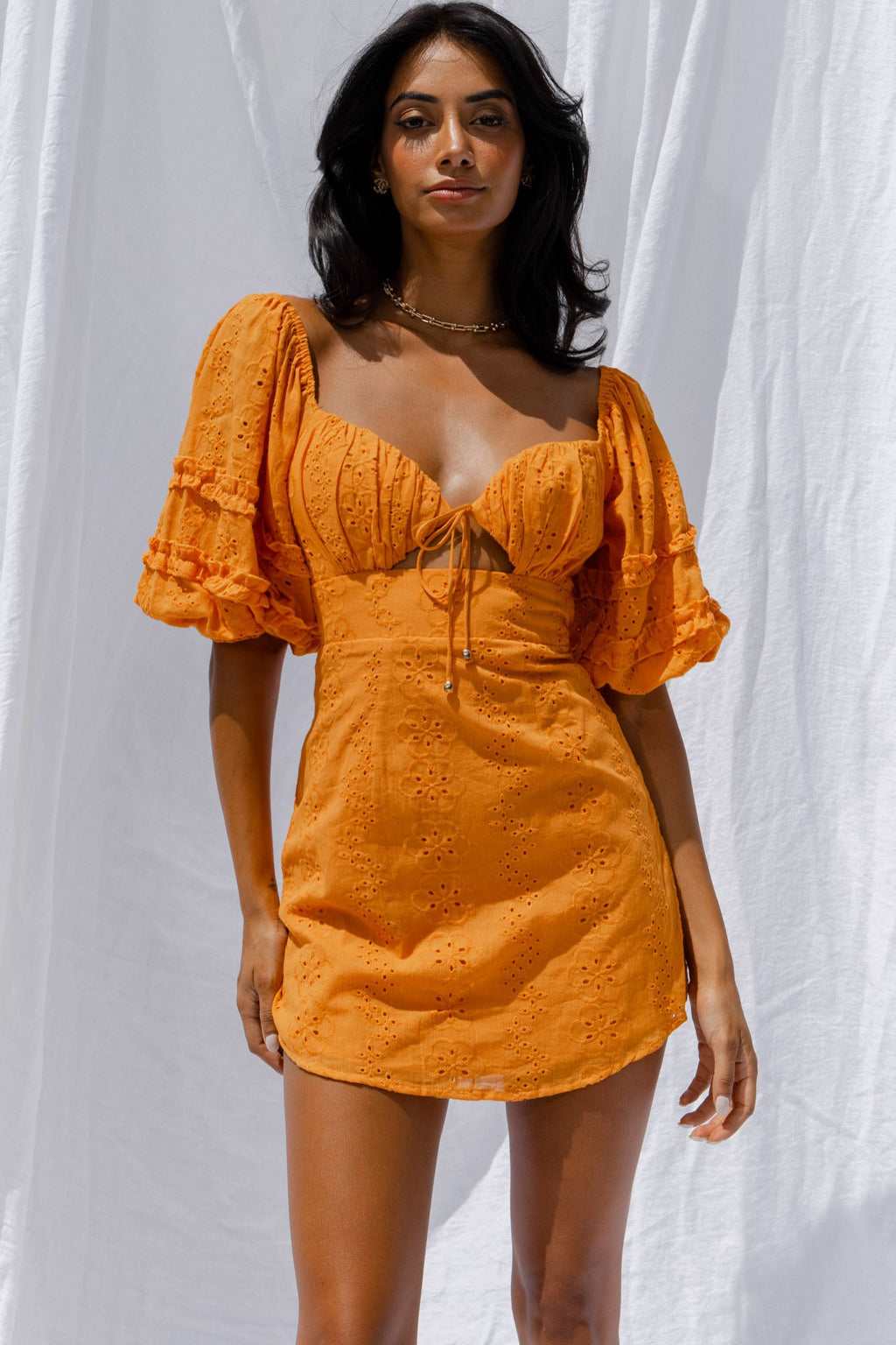 Sweet Romance Puff Sleeve Eyelet Mini Dress Sunset by Selfie Leslie