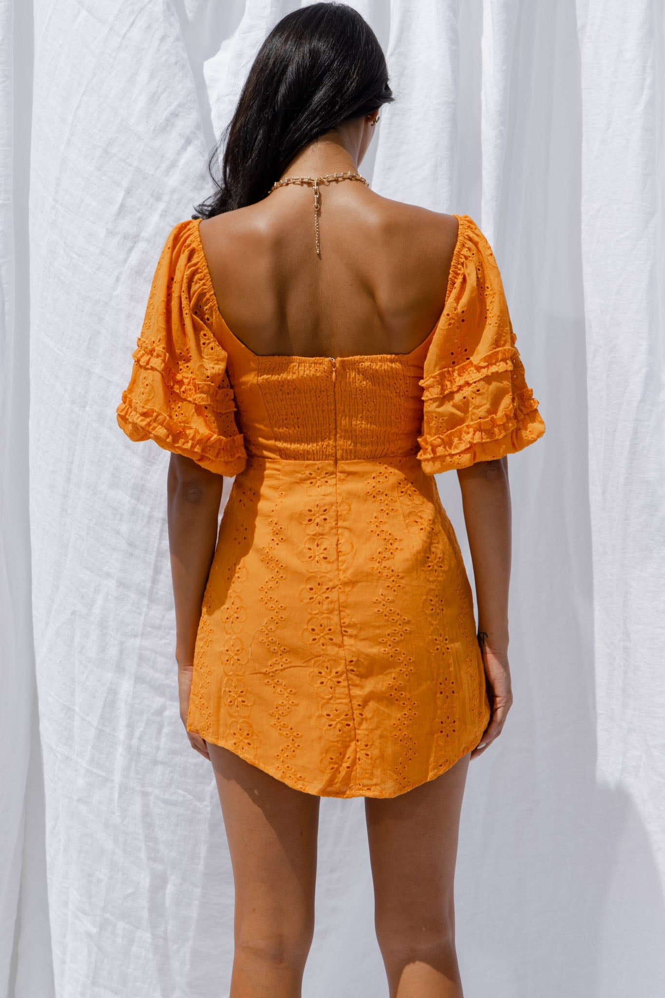 Sweet Romance Puff Sleeve Eyelet Mini Dress Sunset by Selfie Leslie