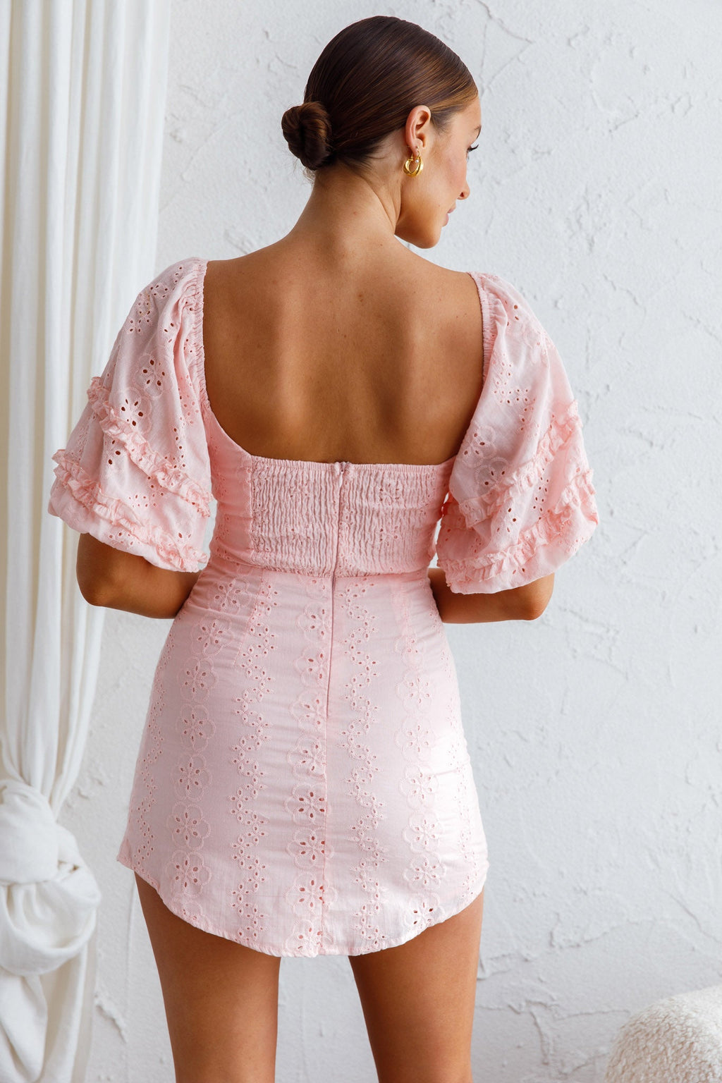 Sweet Romance Puff Sleeve Eyelet Mini Dress Baby Pink by Selfie Leslie