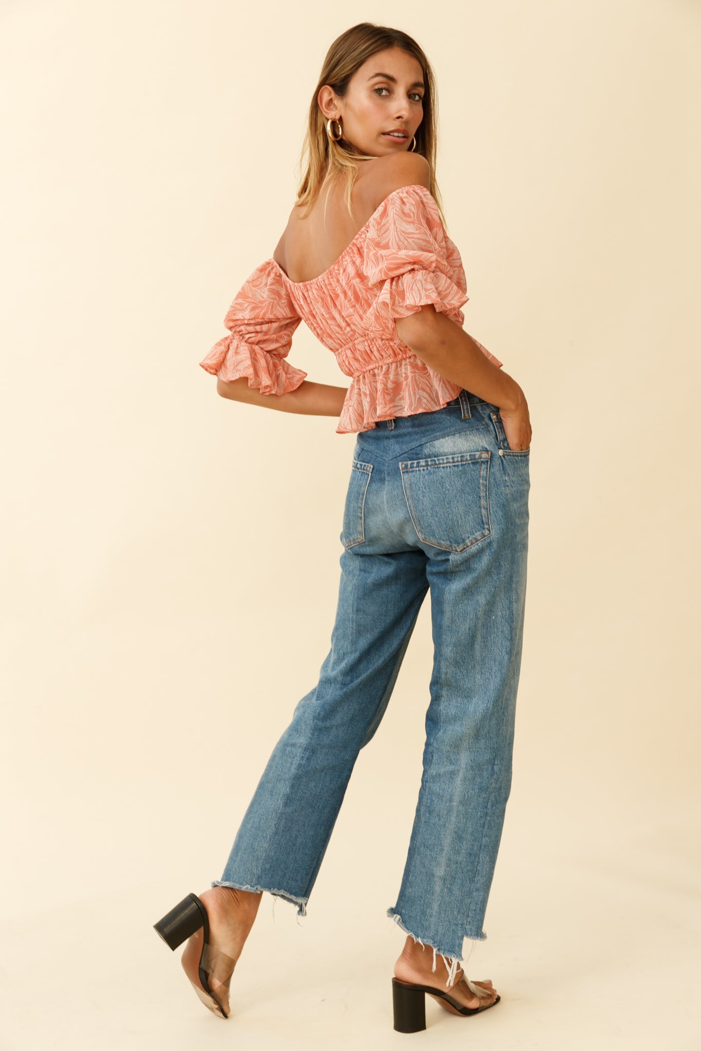 Josephina Off-Shoulder Lace-Up Front Crop Top Palm Print Pink by Selfie Leslie
