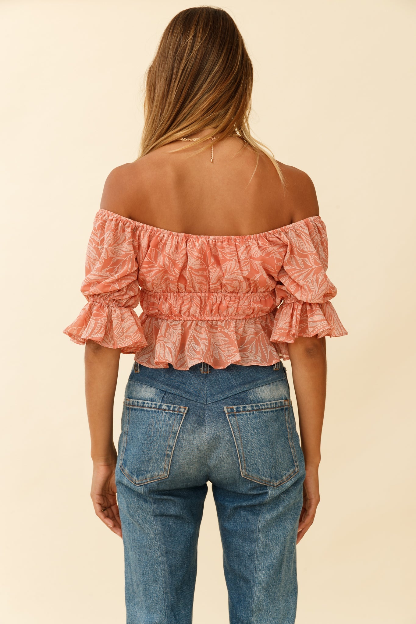 Josephina Off-Shoulder Lace-Up Front Crop Top Palm Print Pink by Selfie Leslie
