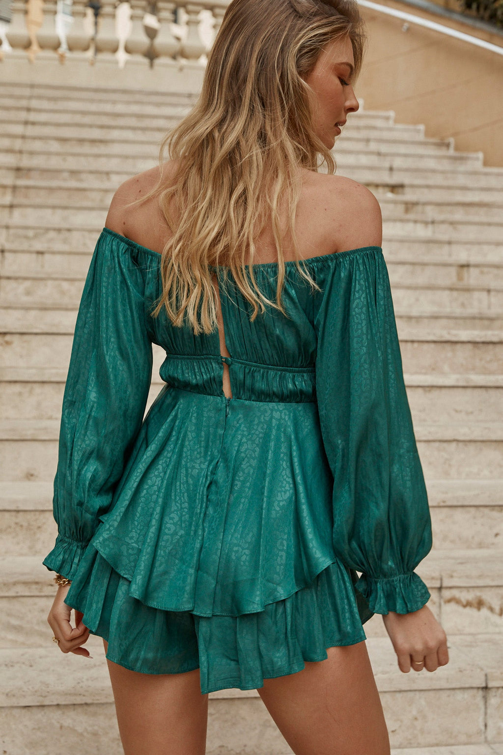 Josephina Lace-Up Front Balloon Sleeve Romper Forest Green by Selfie Leslie