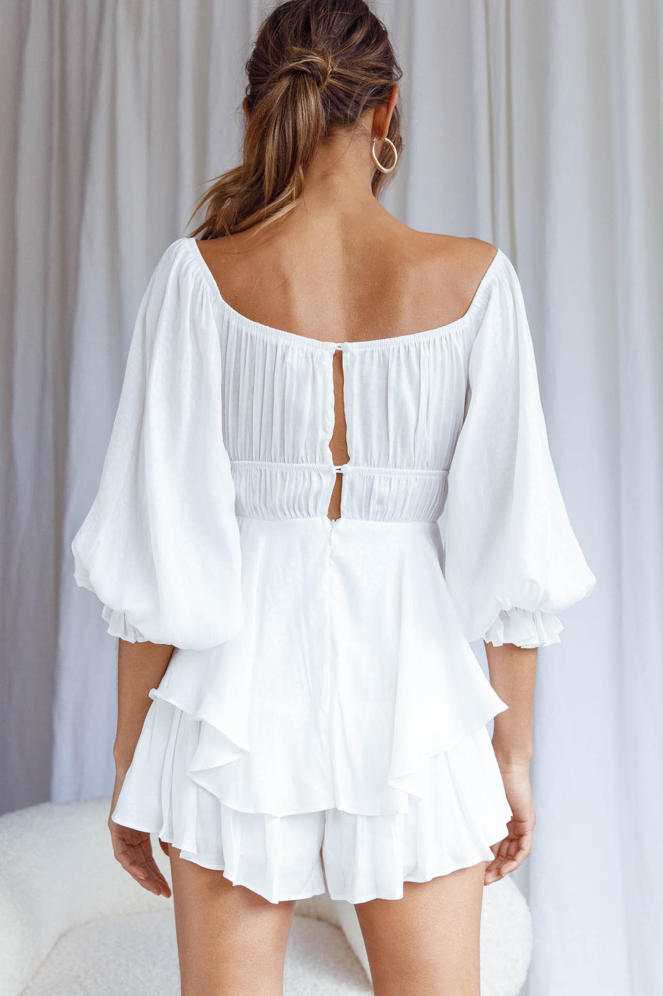 Josephina Lace-Up Front Balloon Sleeve Romper White by Selfie Leslie