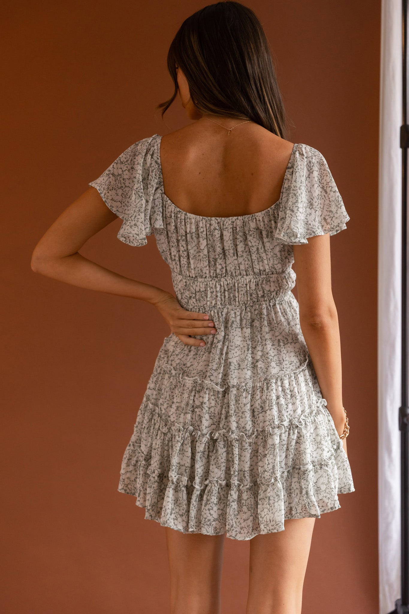 Josephina Lace-Up Front Flutter Sleeve Dress Floral Print Sage by Selfie Leslie