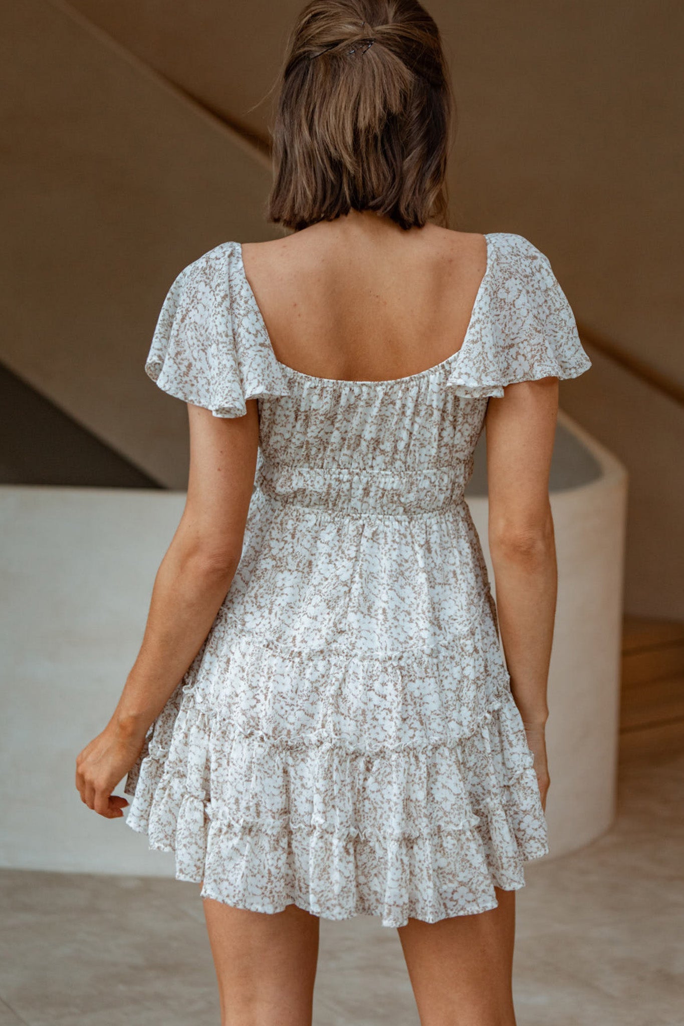 Josephina Lace-Up Front Flutter Sleeve Dress Floral Print Beige by Selfie Leslie