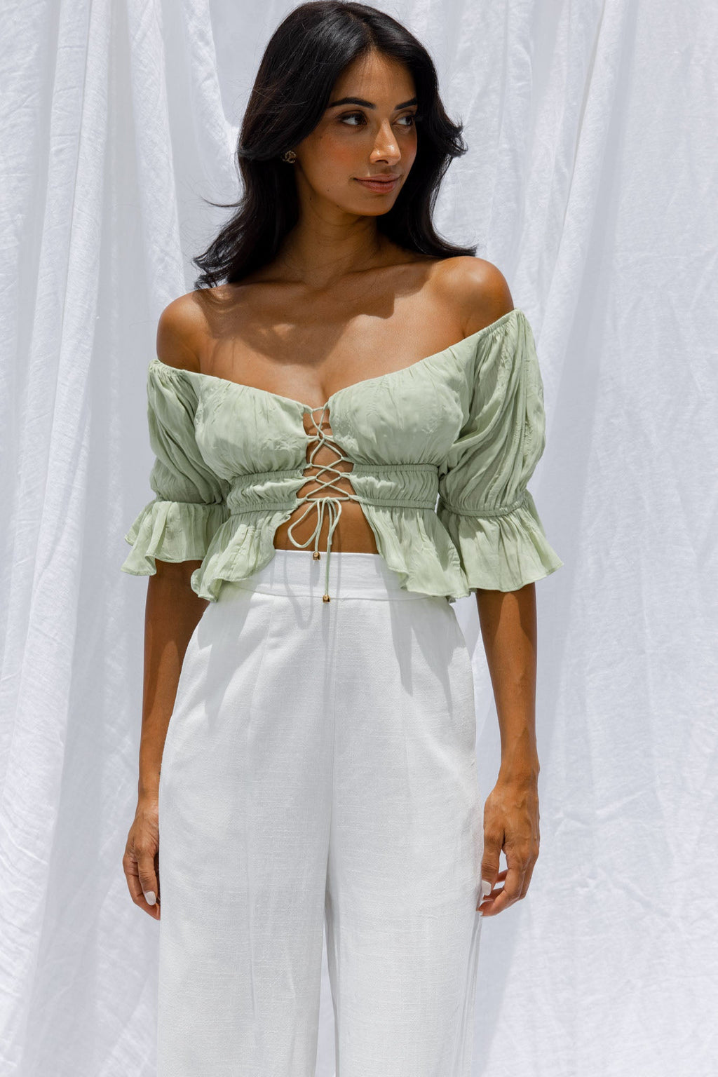 Josephina Off-Shoulder Lace-Up Front Crop Top Apple by Selfie Leslie