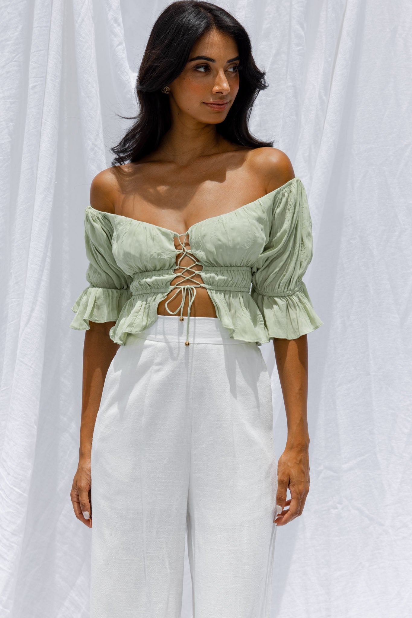 Josephina Off-Shoulder Lace-Up Front Crop Top Apple by Selfie Leslie