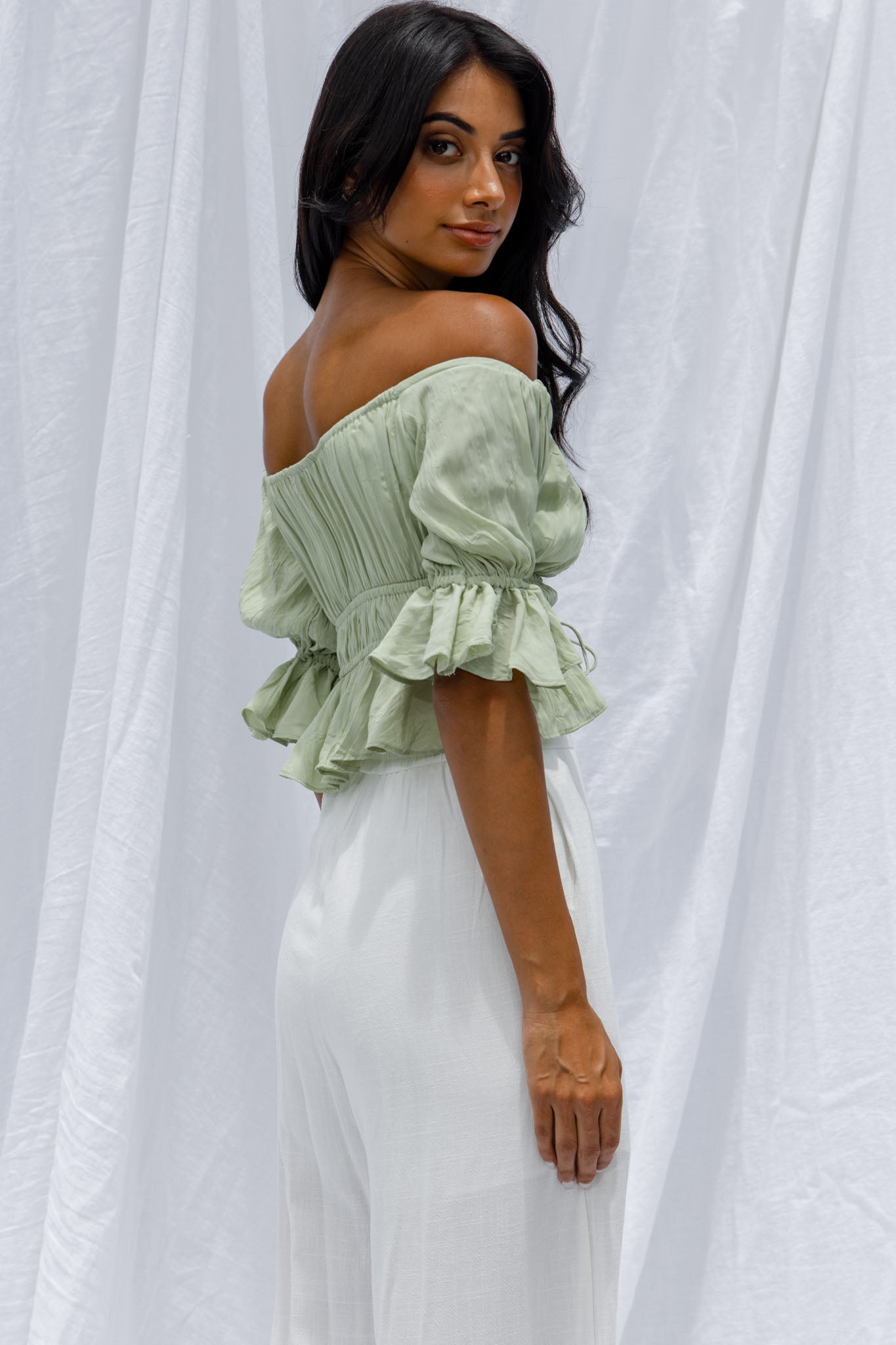 Josephina Off-Shoulder Lace-Up Front Crop Top Apple by Selfie Leslie