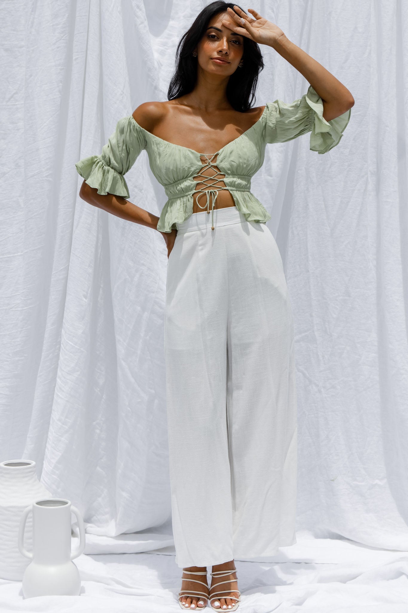 Josephina Off-Shoulder Lace-Up Front Crop Top Apple by Selfie Leslie