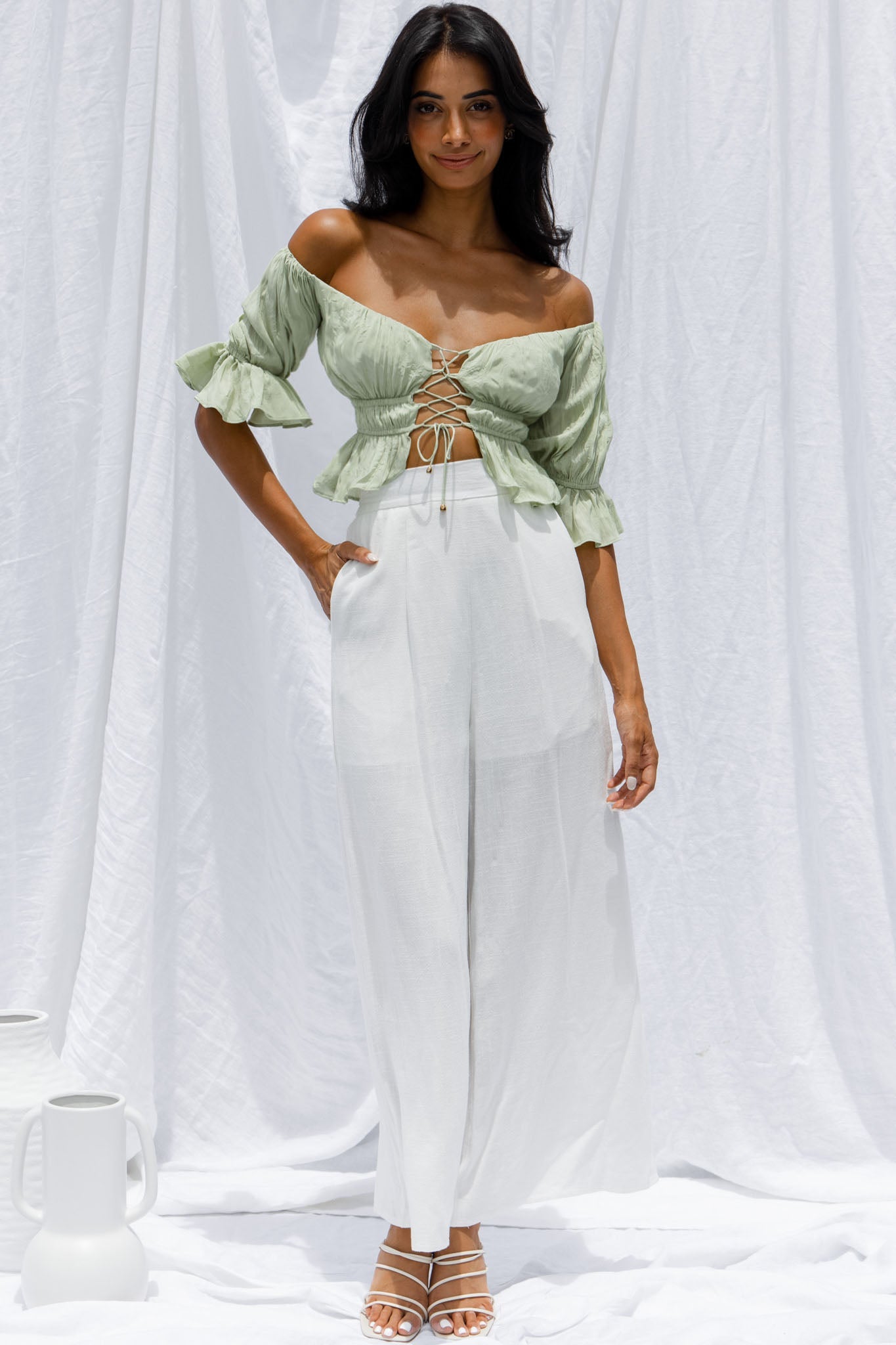 Josephina Off-Shoulder Lace-Up Front Crop Top Apple by Selfie Leslie