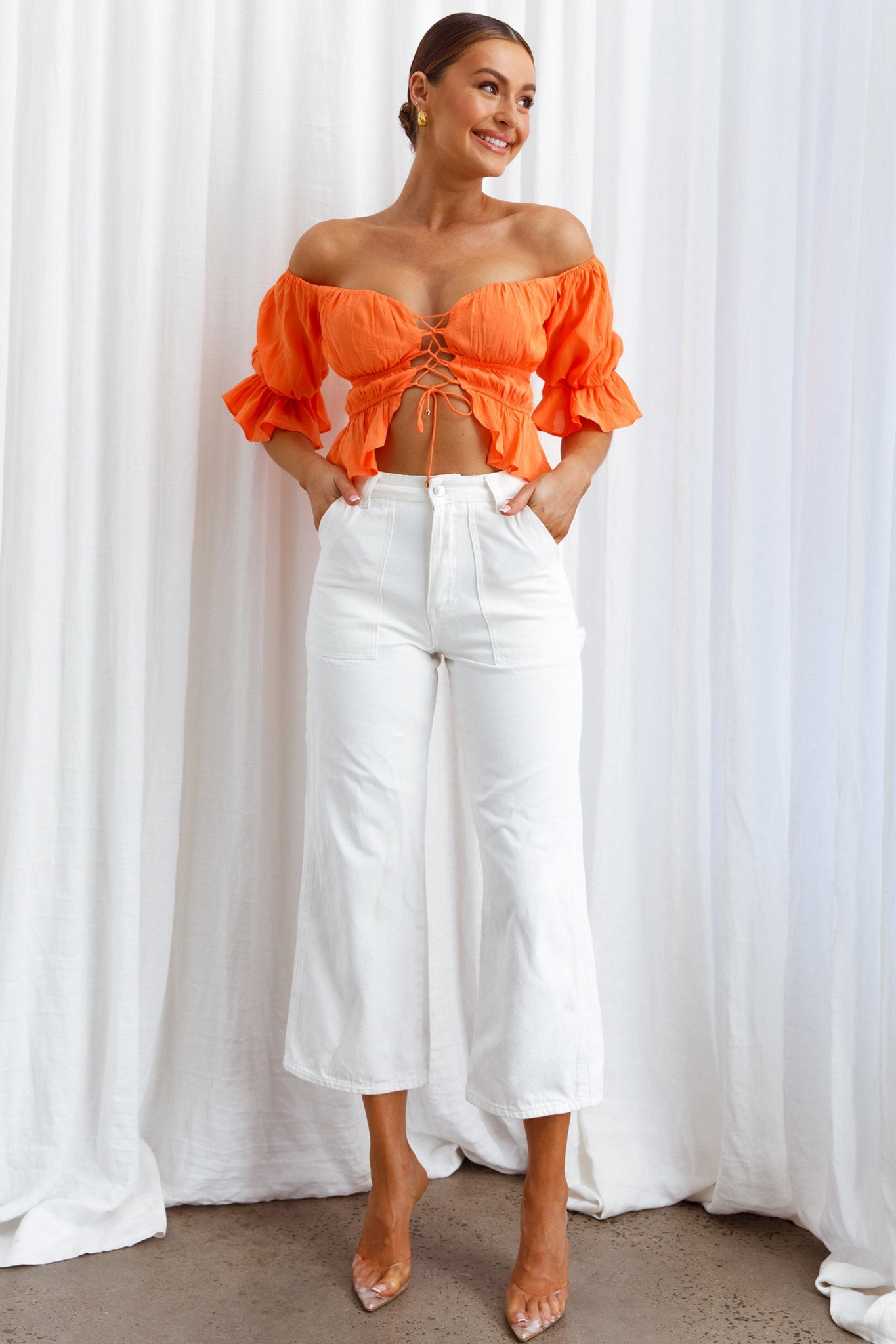 Josephina Off-Shoulder Lace-Up Front Crop Top Neon Orange by Selfie Leslie