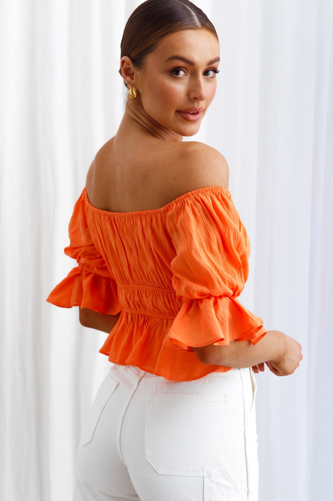 Josephina Off-Shoulder Lace-Up Front Crop Top Neon Orange by Selfie Leslie