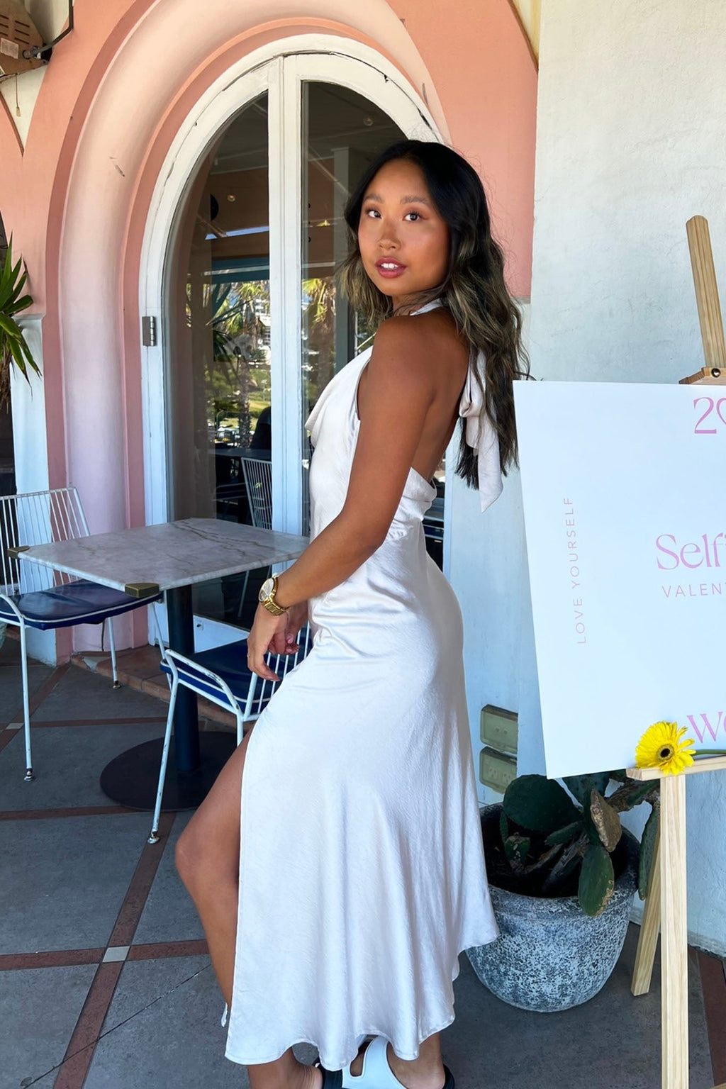 Champagne Showers Halterneck Slip Midi Dress Champagne by Selfie Leslie