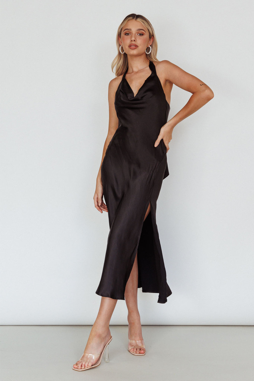 Champagne Showers Halterneck Slip Midi Dress Black by Selfie Leslie Australia