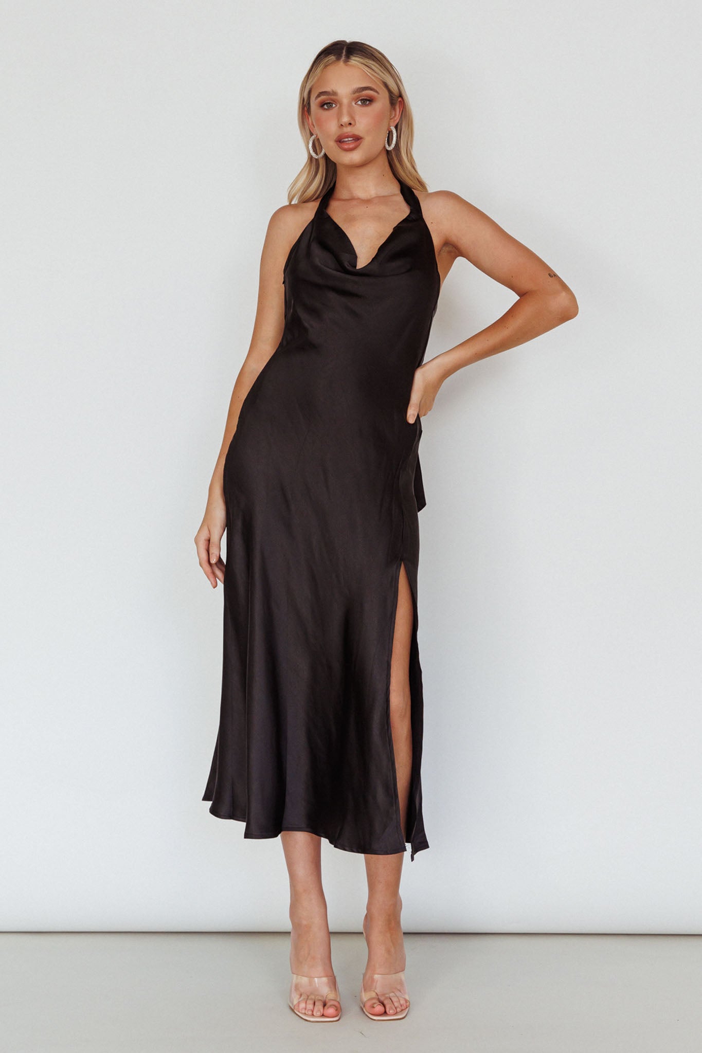 Champagne Showers Halterneck Slip Midi Dress Black by Selfie Leslie Australia