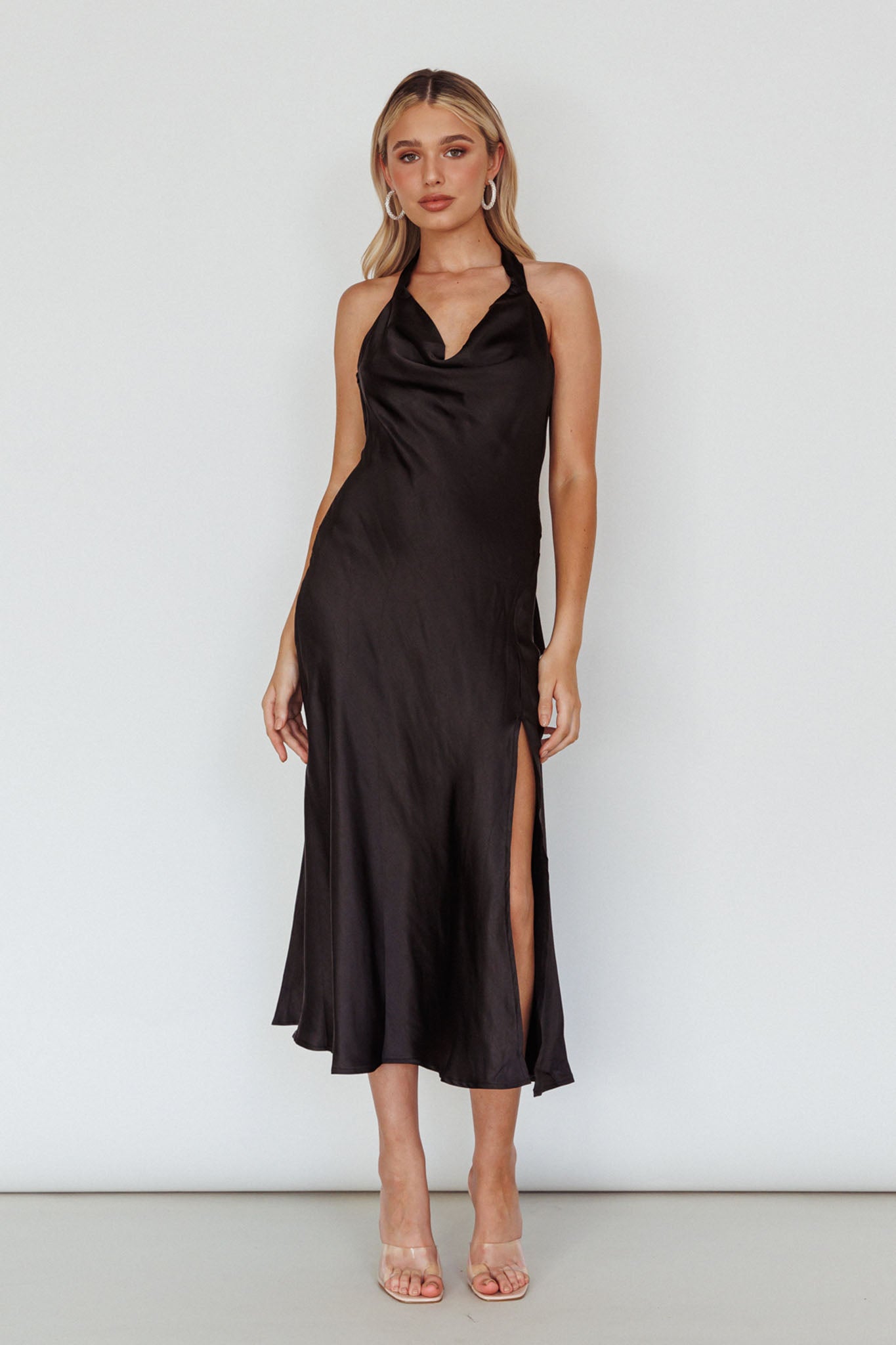 Champagne Showers Halterneck Slip Midi Dress Black by Selfie Leslie Australia
