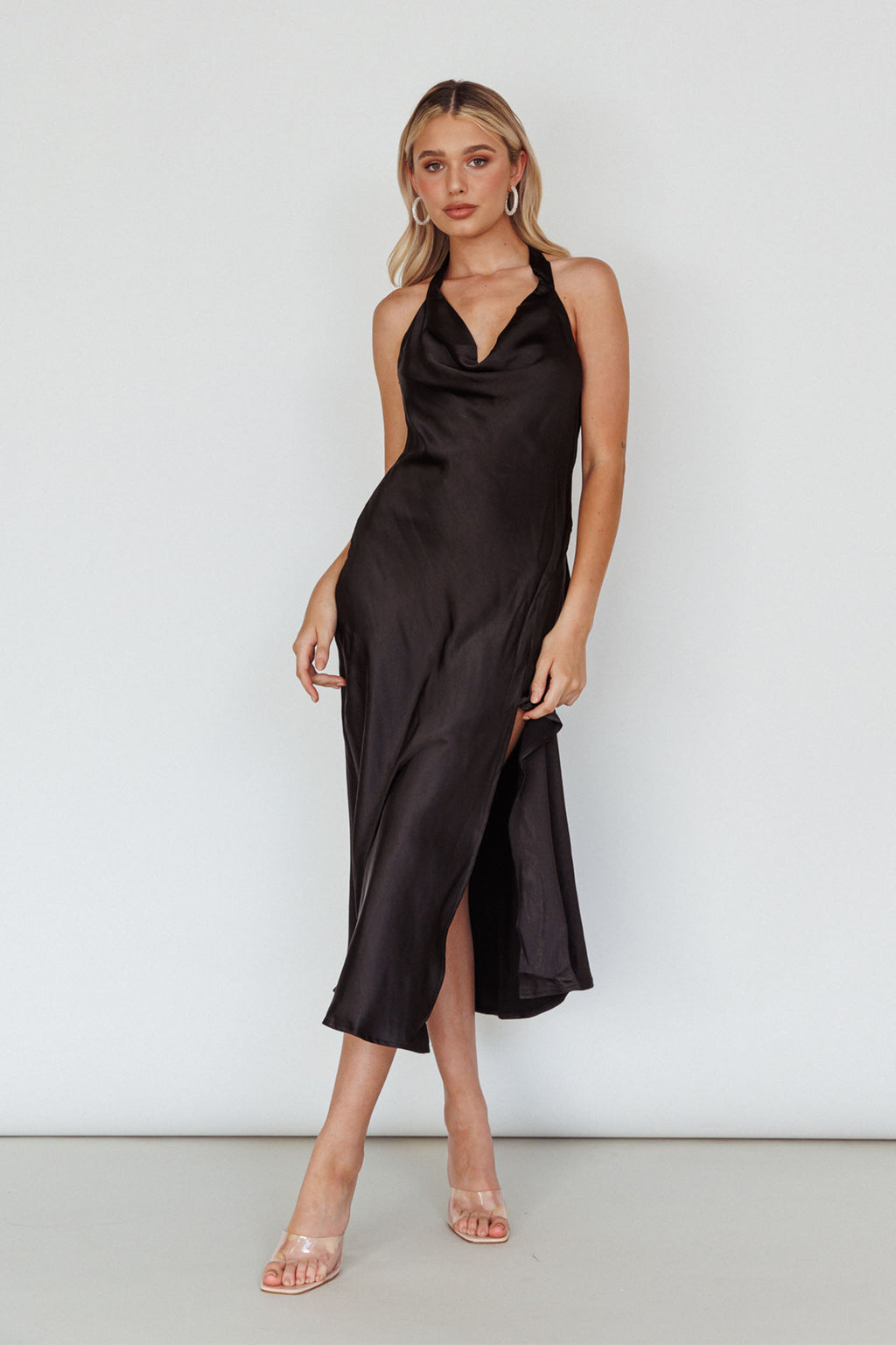 Champagne Showers Halterneck Slip Midi Dress Black by Selfie Leslie Australia