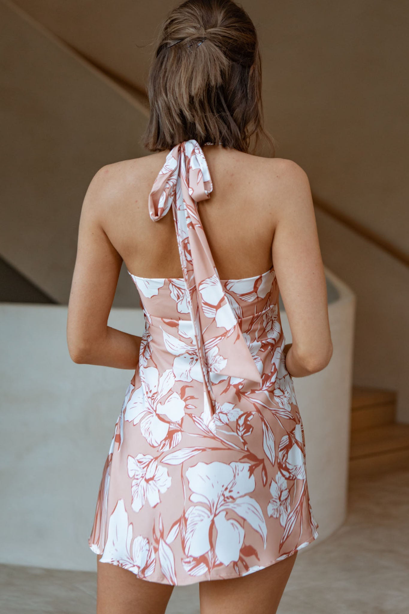 Champagne Showers Halterneck Slip Mini Dress Hibiscus Print Peach by Selfie Leslie