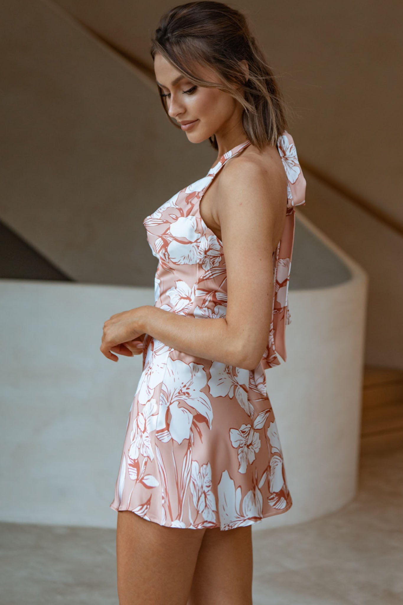 Champagne Showers Halterneck Slip Mini Dress Hibiscus Print Peach by Selfie Leslie