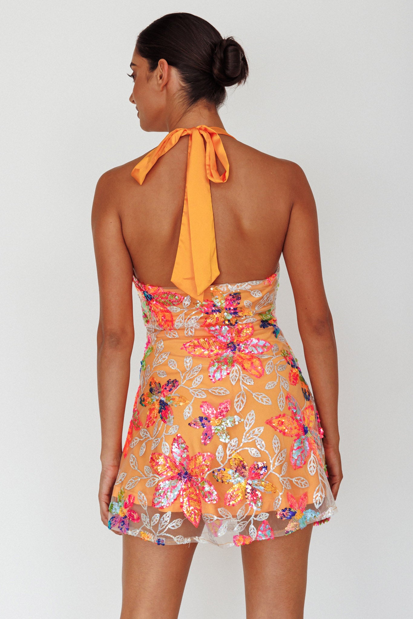 Champagne Showers Halterneck Slip Mini Dress Sequin Floral Orange by Selfie Leslie Australia