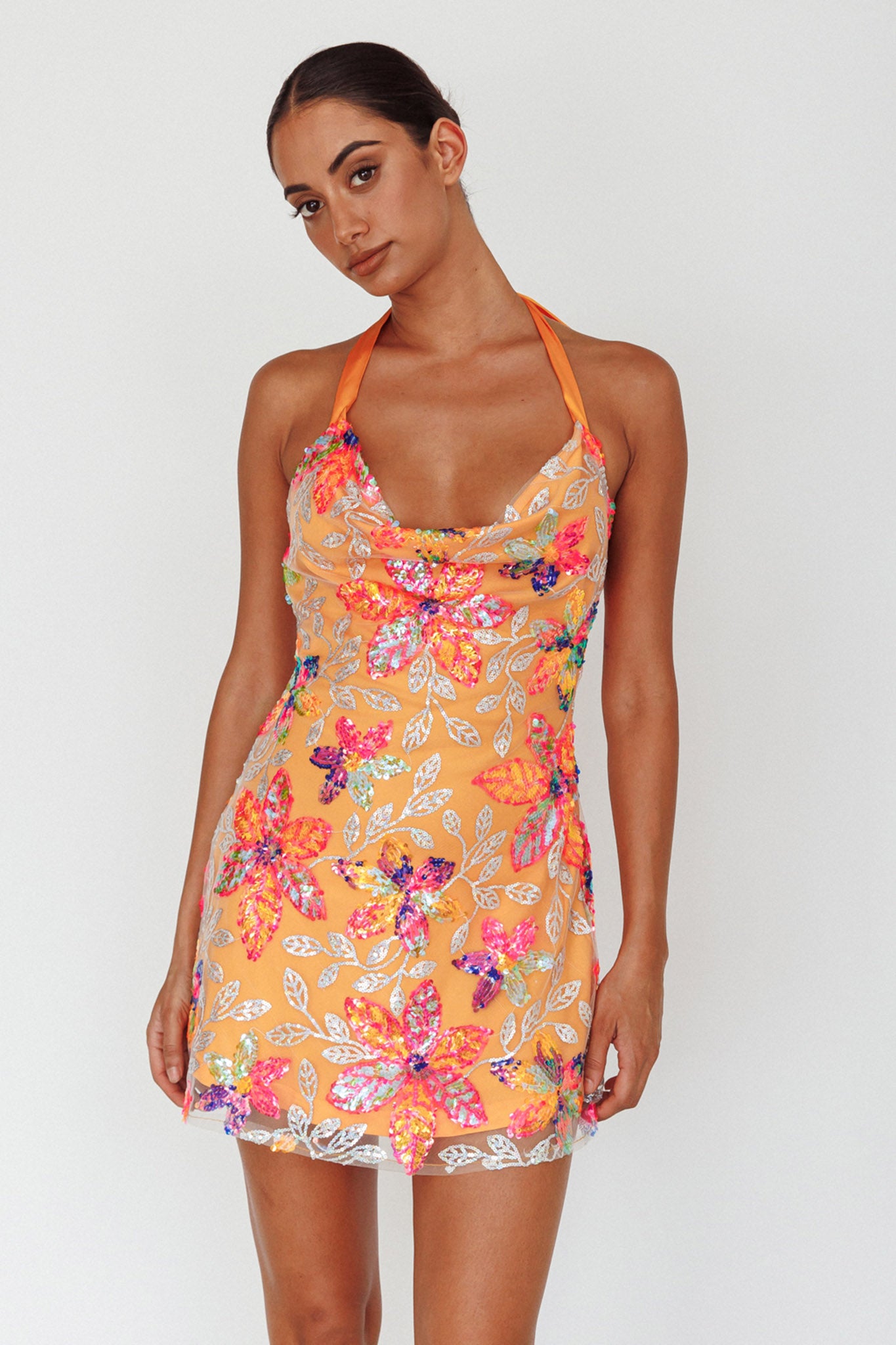 Champagne Showers Halterneck Slip Mini Dress Sequin Floral Orange by Selfie Leslie Australia
