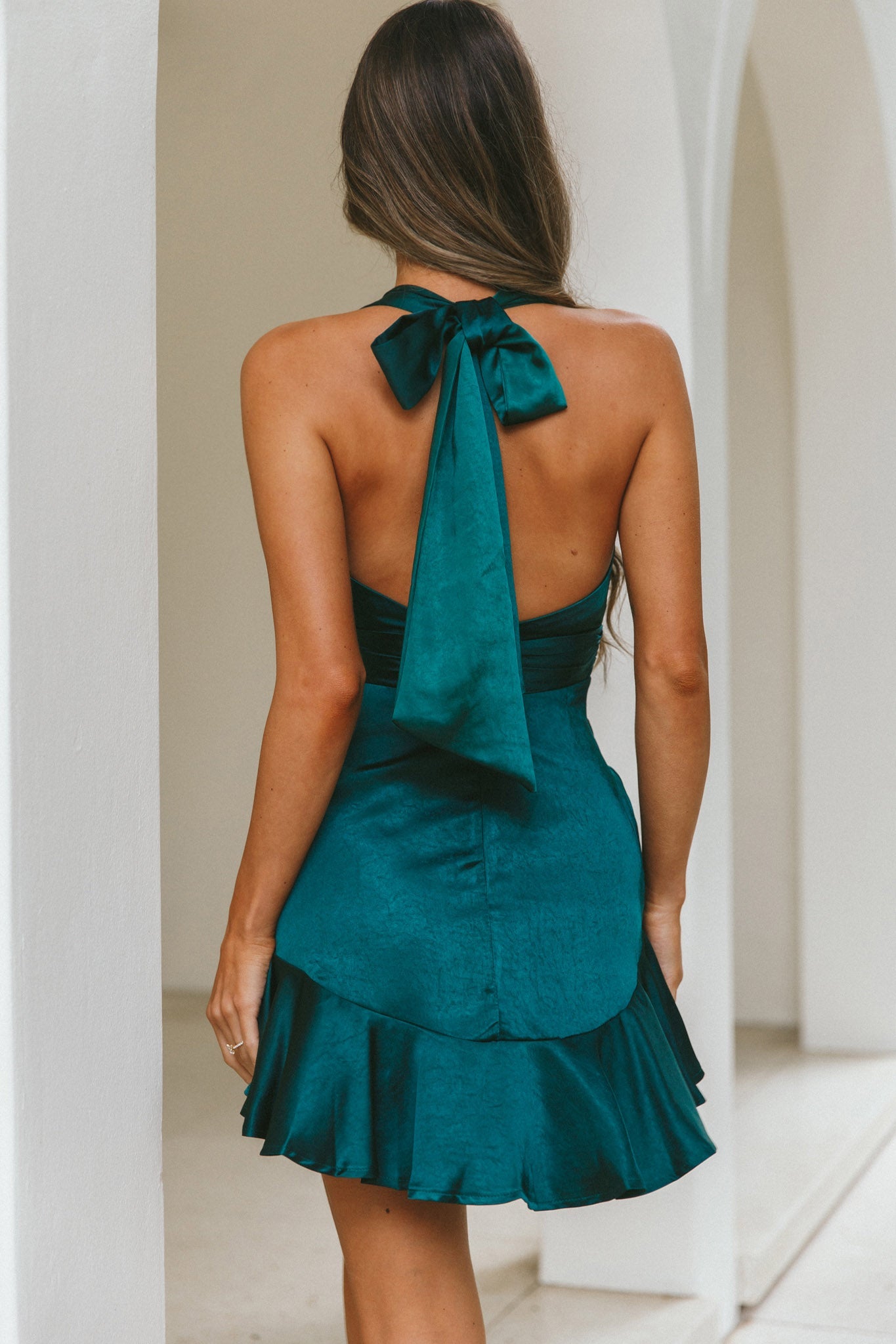Champs Elysees Halterneck Ruffle Hem Mini Dress Forest Green by Selfie Leslie