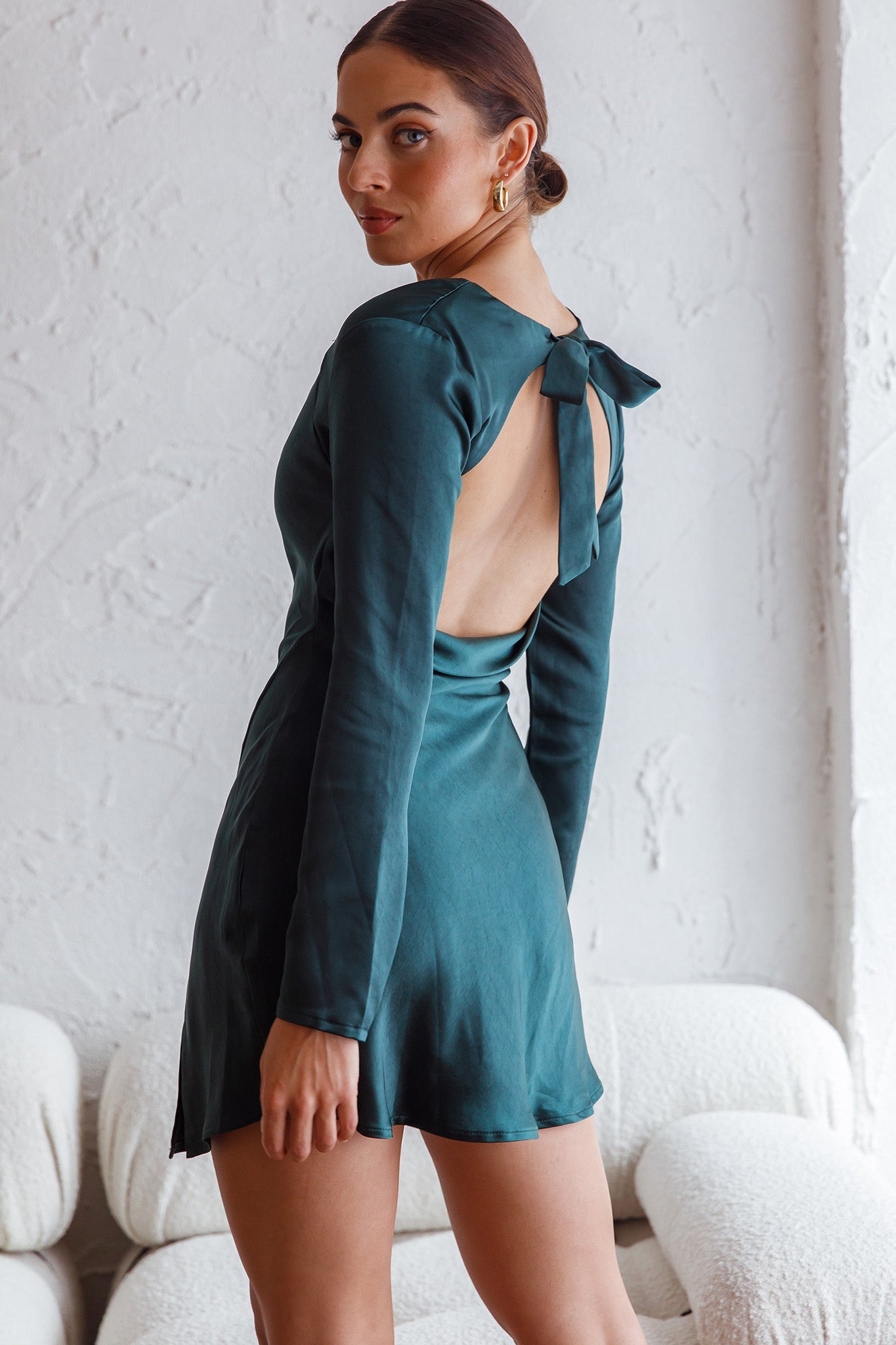 Champs Elysees Long Sleeve Open Back Mini Dress Forest Green by Selfie Leslie