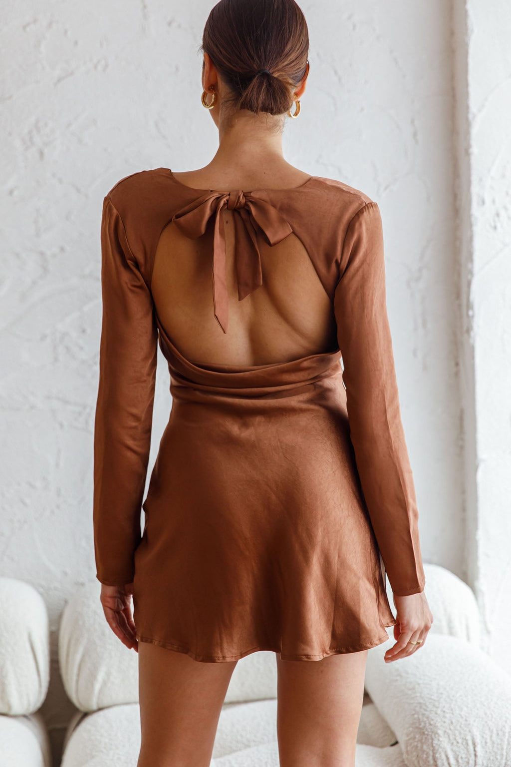 Champs Elysees Long Sleeve Open Back Mini Dress Chocolate by Selfie Leslie