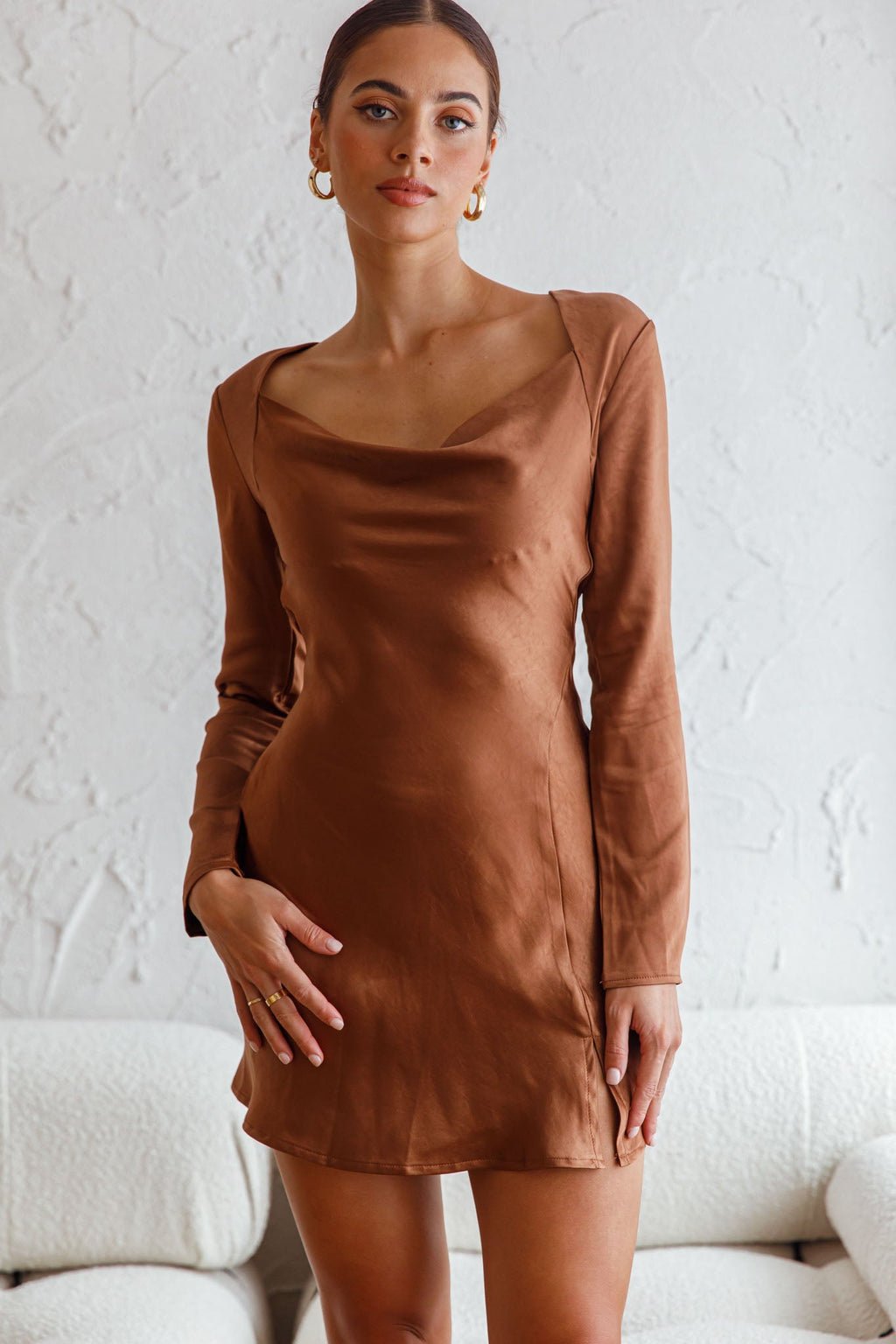 Champs Elysees Long Sleeve Open Back Mini Dress Chocolate by Selfie Leslie