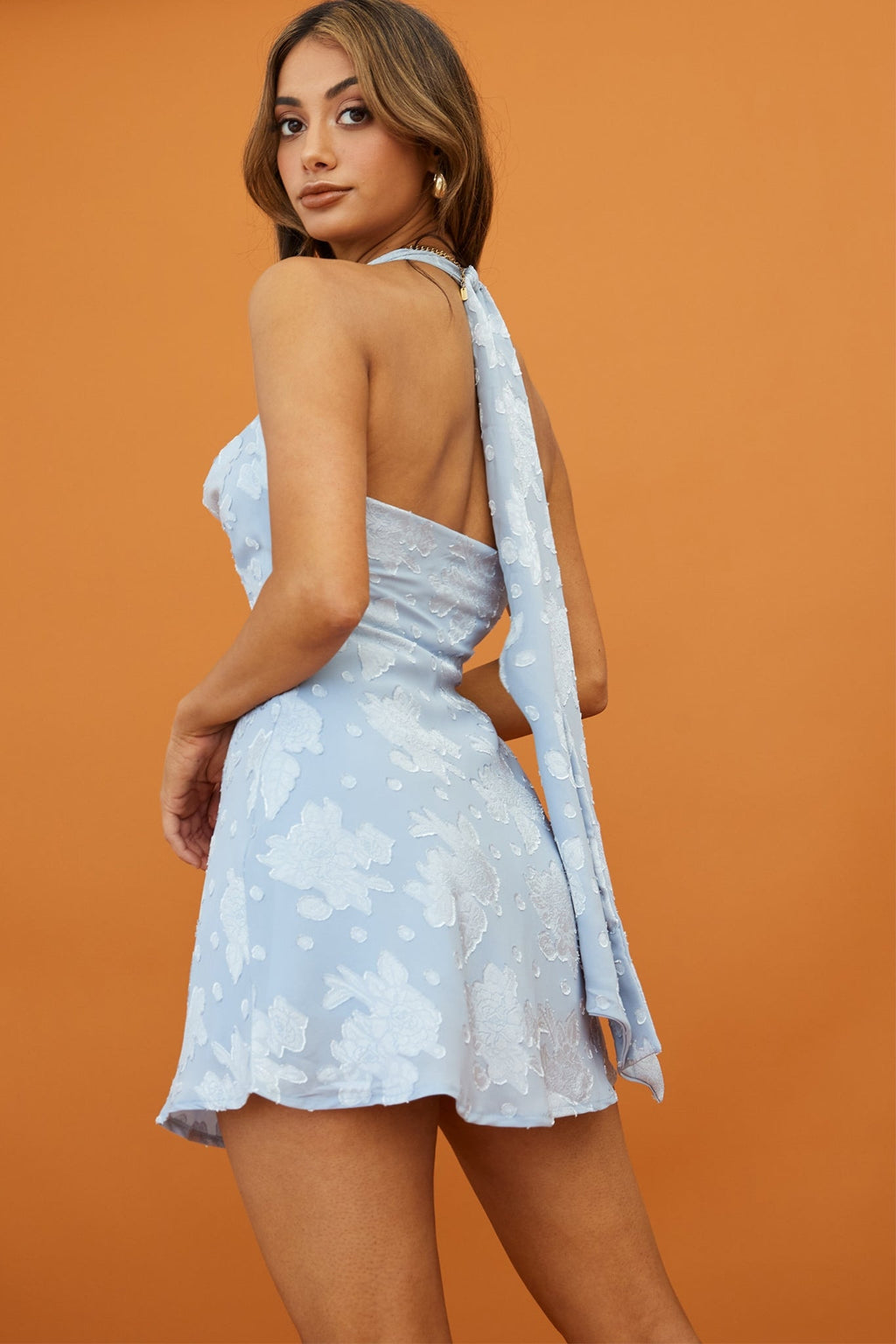 Champagne Showers Halterneck Slip Mini Dress Floral Pattern Blue by Selfie Leslie