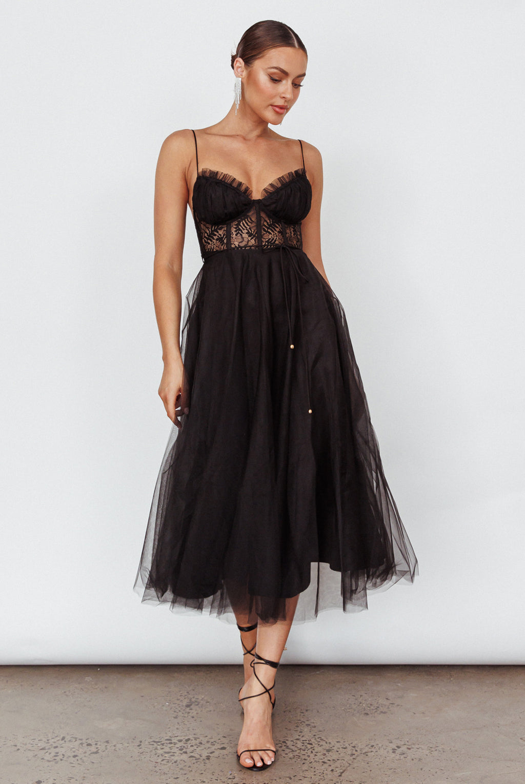 Trophy Lace Bodice Mesh Midi Dress Black by Selfie Leslie Australia