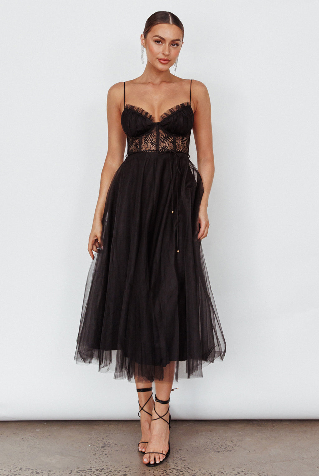 Trophy Lace Bodice Mesh Midi Dress Black by Selfie Leslie Australia