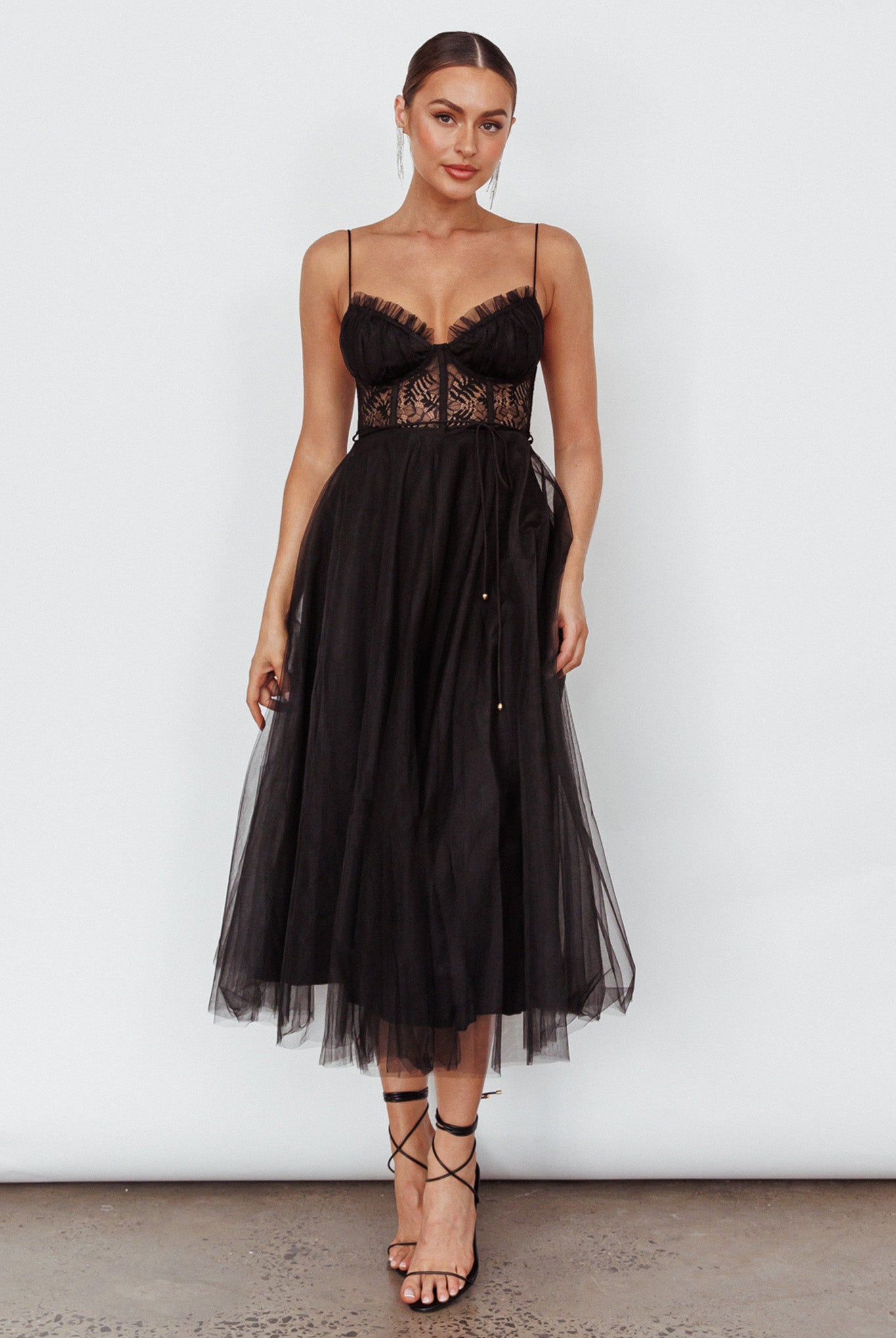 Trophy Lace Bodice Mesh Midi Dress Black by Selfie Leslie Australia