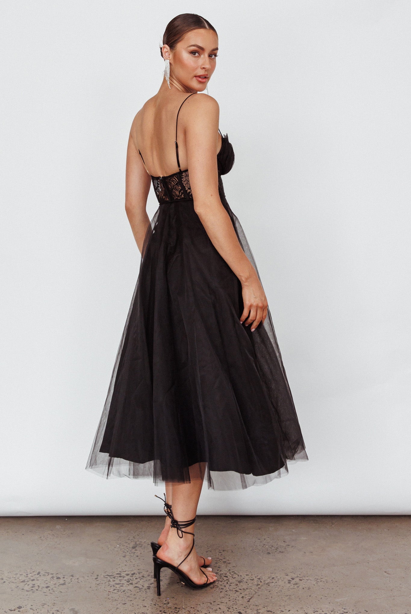 Trophy Lace Bodice Mesh Midi Dress Black by Selfie Leslie Australia