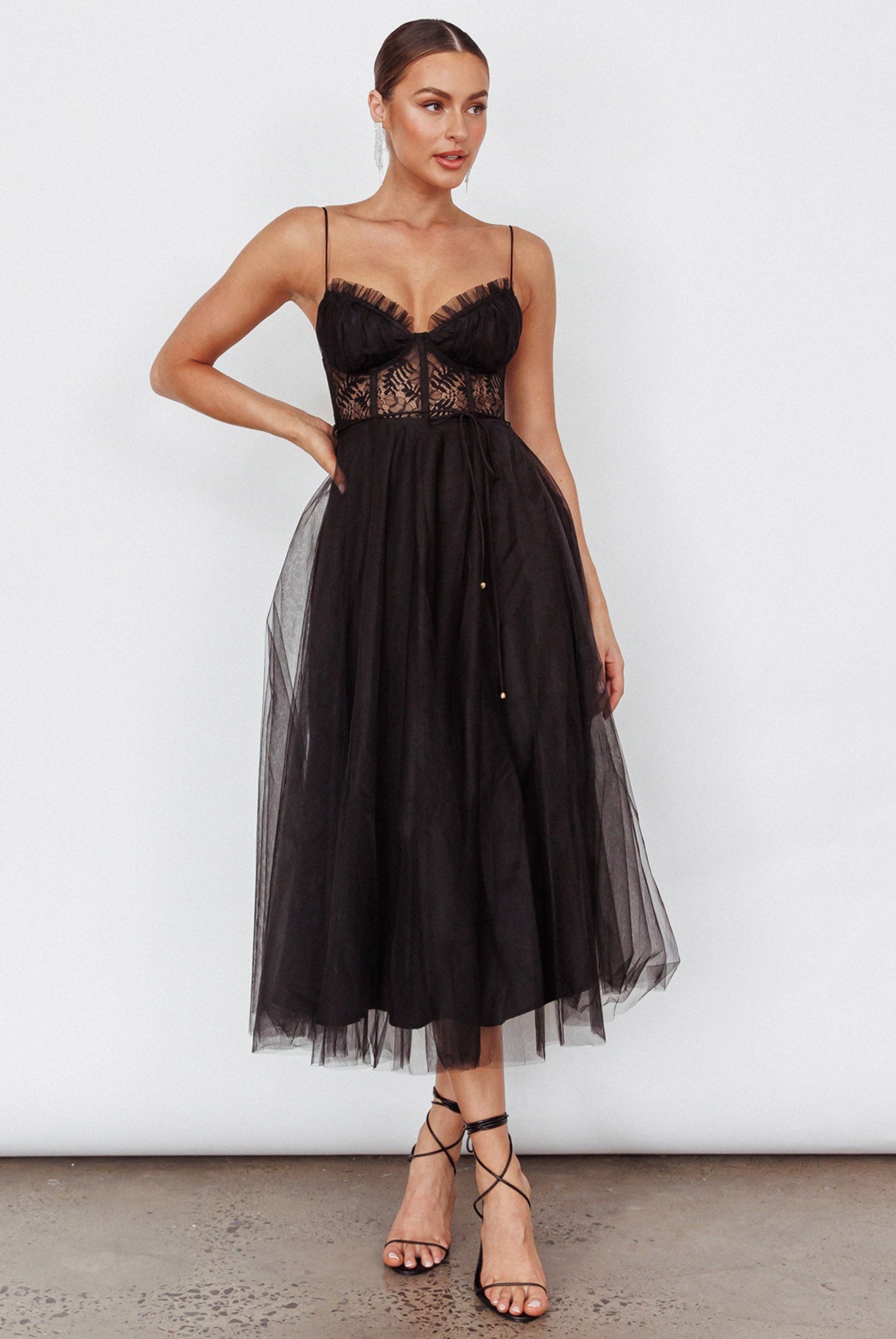 Trophy Lace Bodice Mesh Midi Dress Black by Selfie Leslie Australia