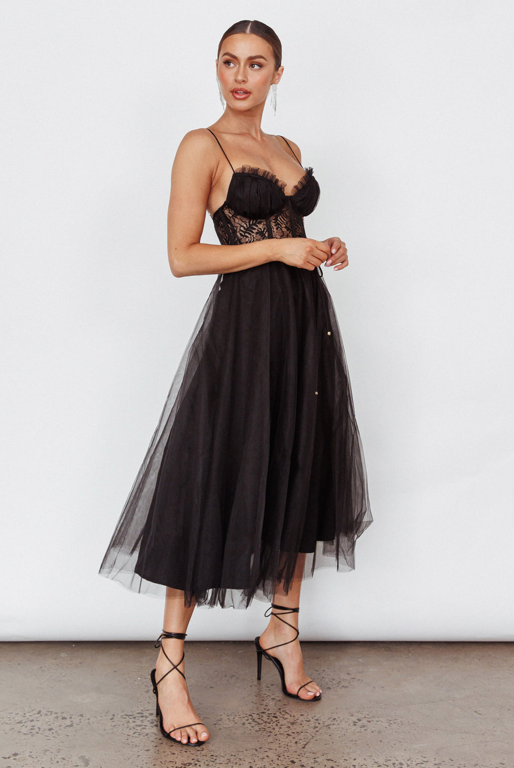 Trophy Lace Bodice Mesh Midi Dress Black by Selfie Leslie Australia