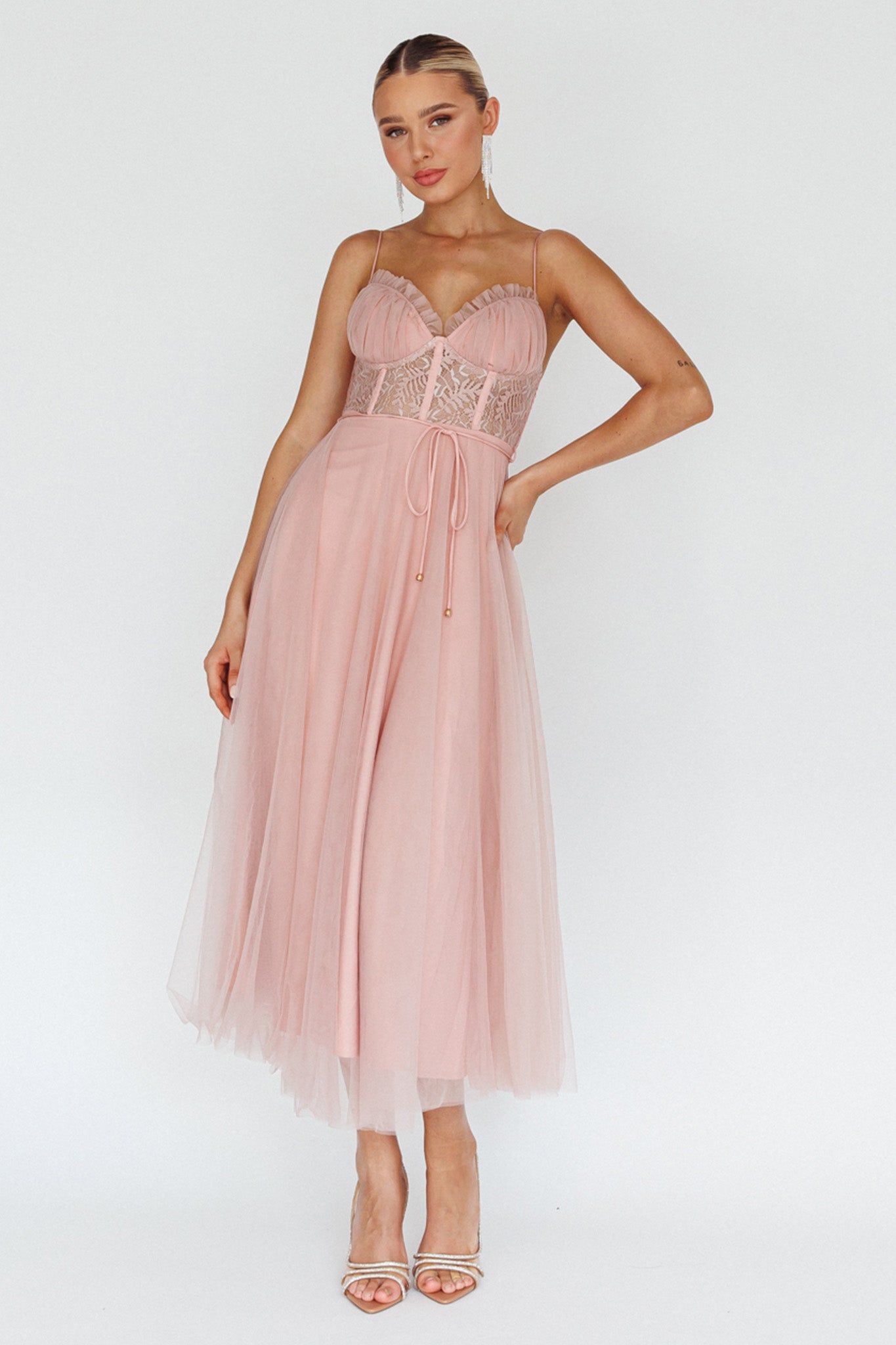 Trophy Lace Bodice Mesh Midi Dress Blush by Selfie Leslie Australia
