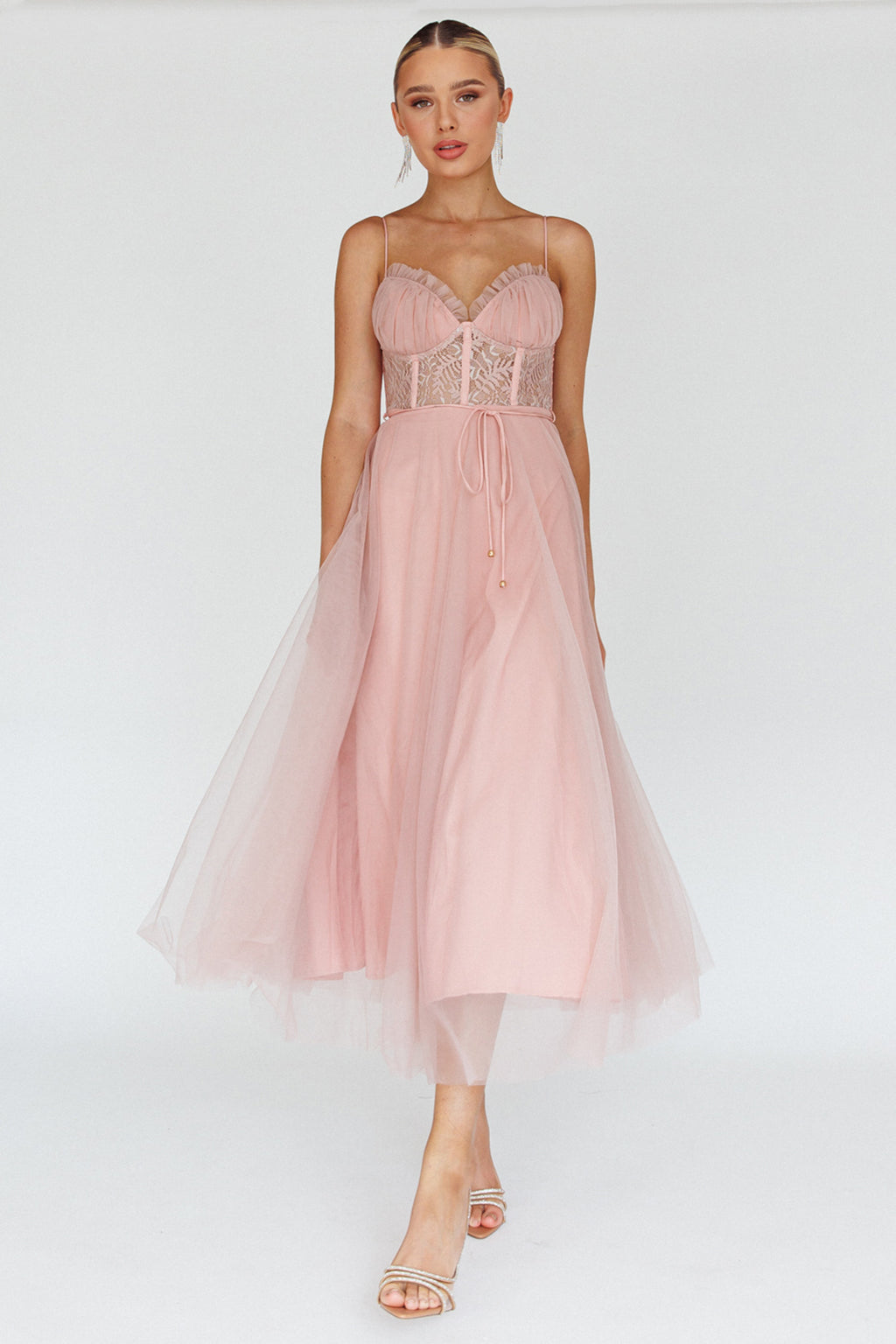 Trophy Lace Bodice Mesh Midi Dress Blush by Selfie Leslie Australia