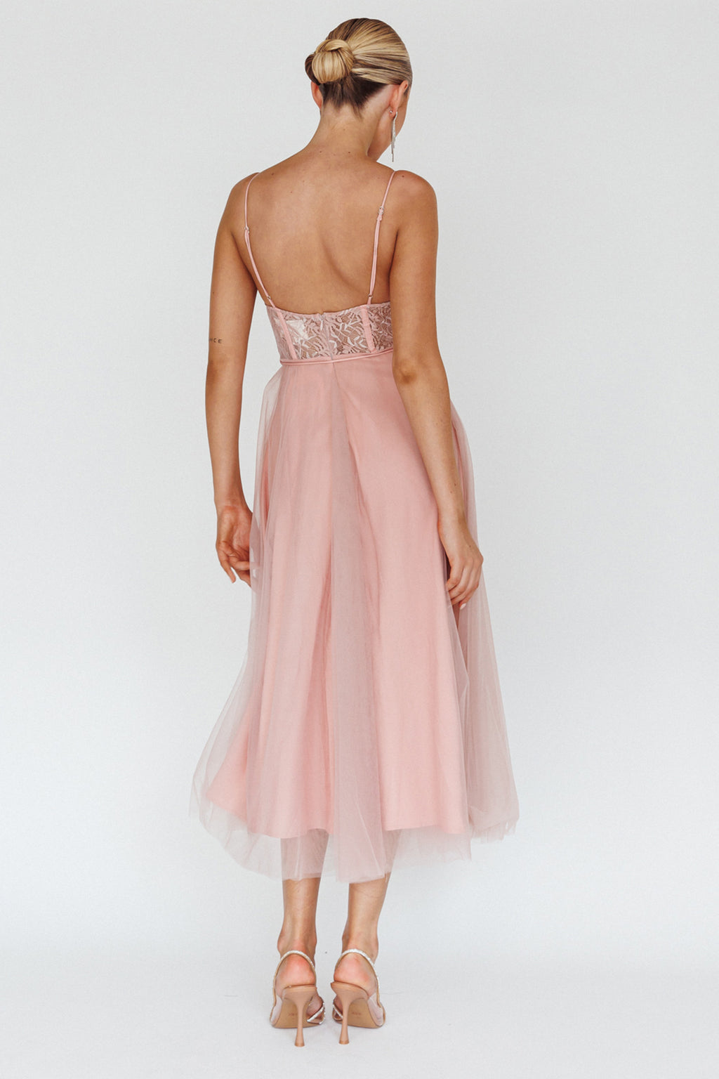 Trophy Lace Bodice Mesh Midi Dress Blush by Selfie Leslie Australia