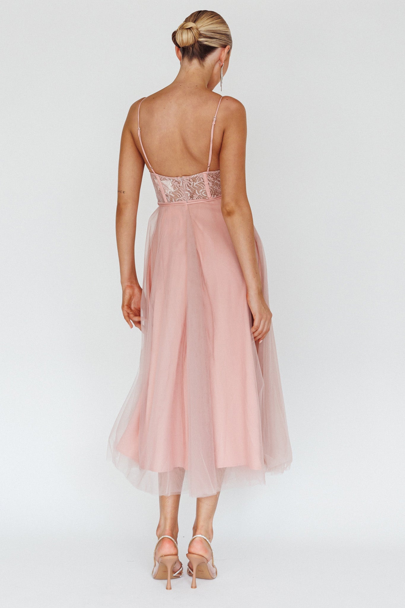 Trophy Lace Bodice Mesh Midi Dress Blush by Selfie Leslie Australia