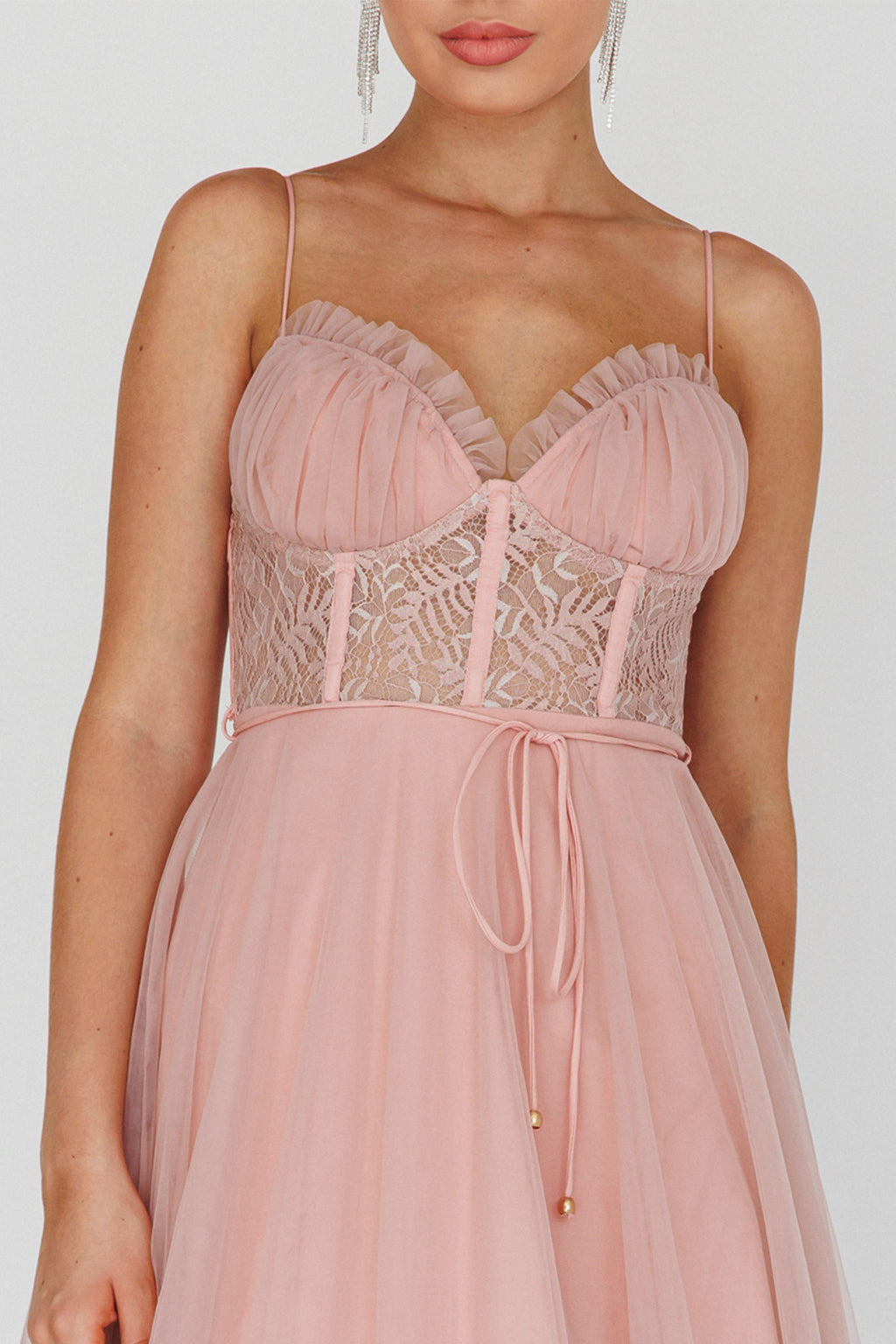 Trophy Lace Bodice Mesh Midi Dress Blush by Selfie Leslie Australia