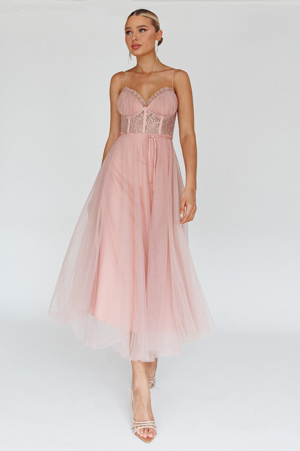 Trophy Lace Bodice Mesh Midi Dress Blush by Selfie Leslie Australia