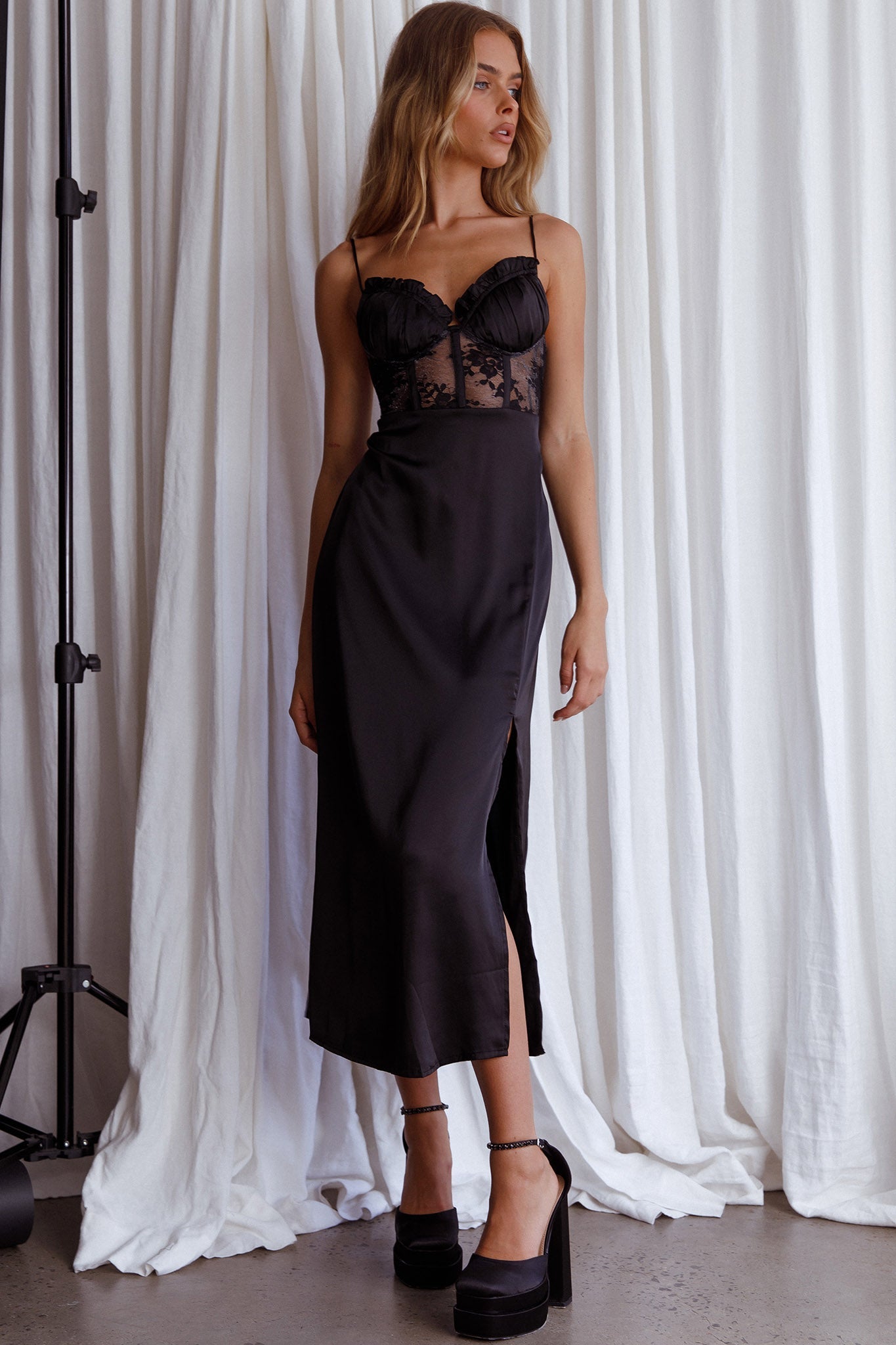 Trophy Lace Bodice Midi Dress Black by Selfie Leslie